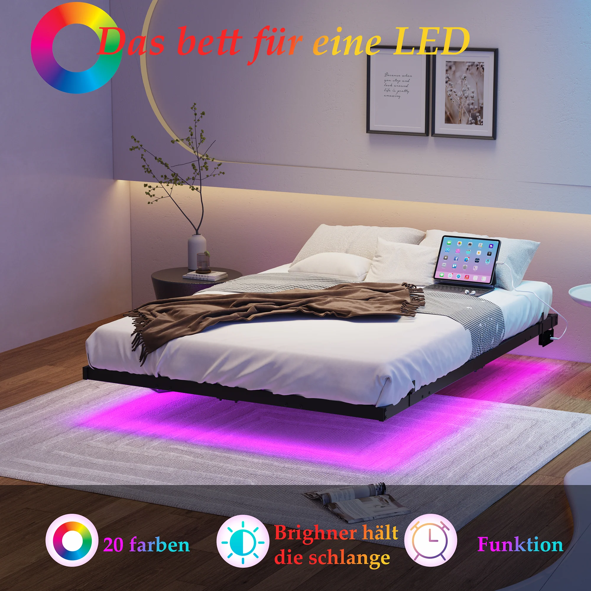 Floating Bed Frame 140x200cm LED & Charging Station, Metal Black - Image 6