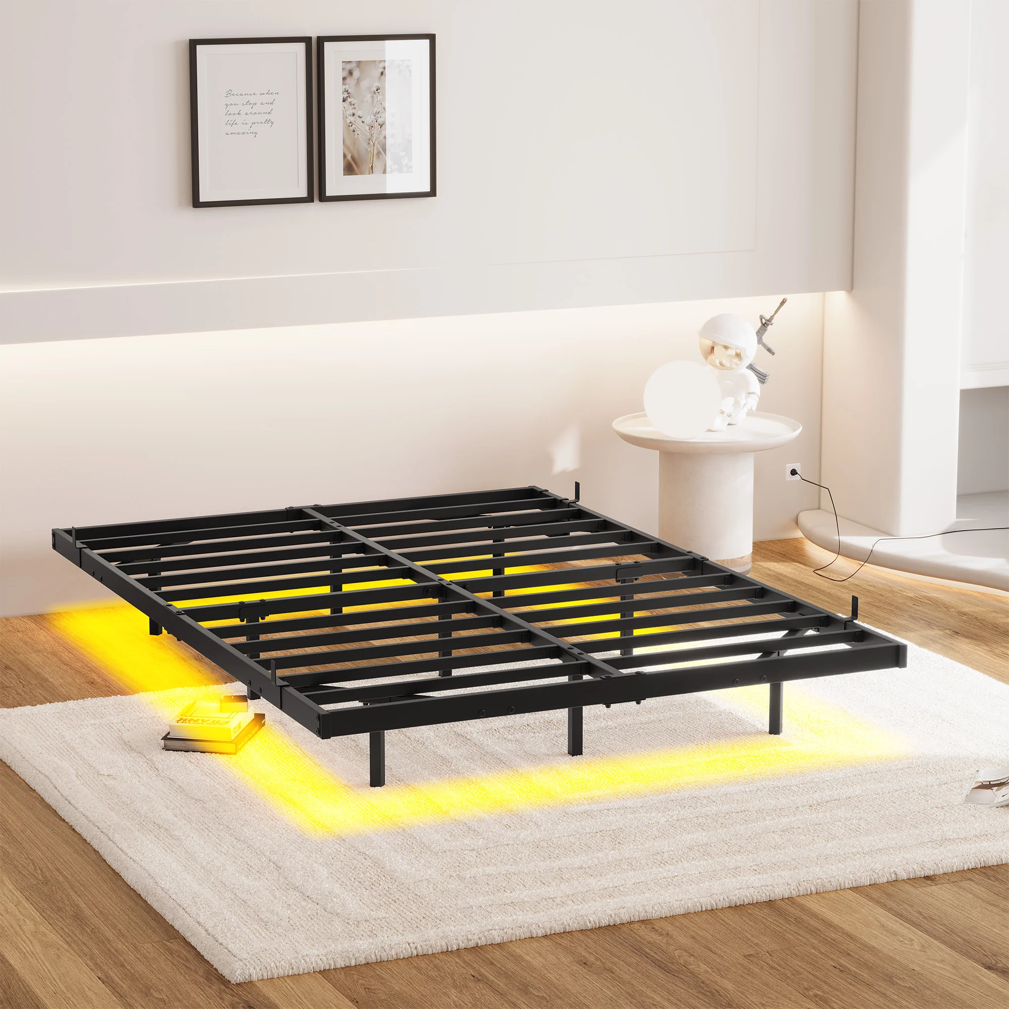 Floating Bed Frame 140x200cm LED & Charging Station, Metal Black - Image 7