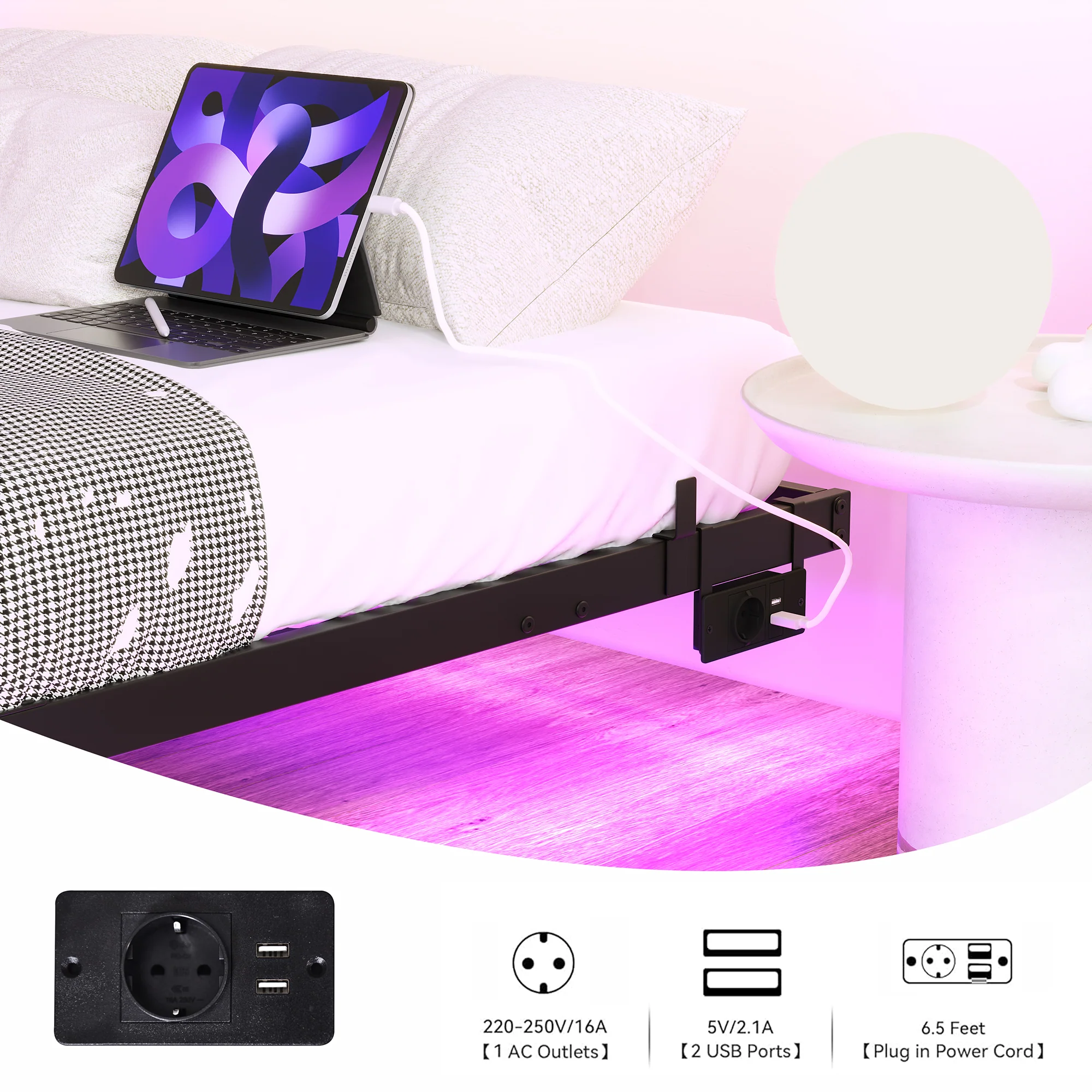 Floating Bed Frame 140x200cm LED & Charging Station, Metal Black - Image 9