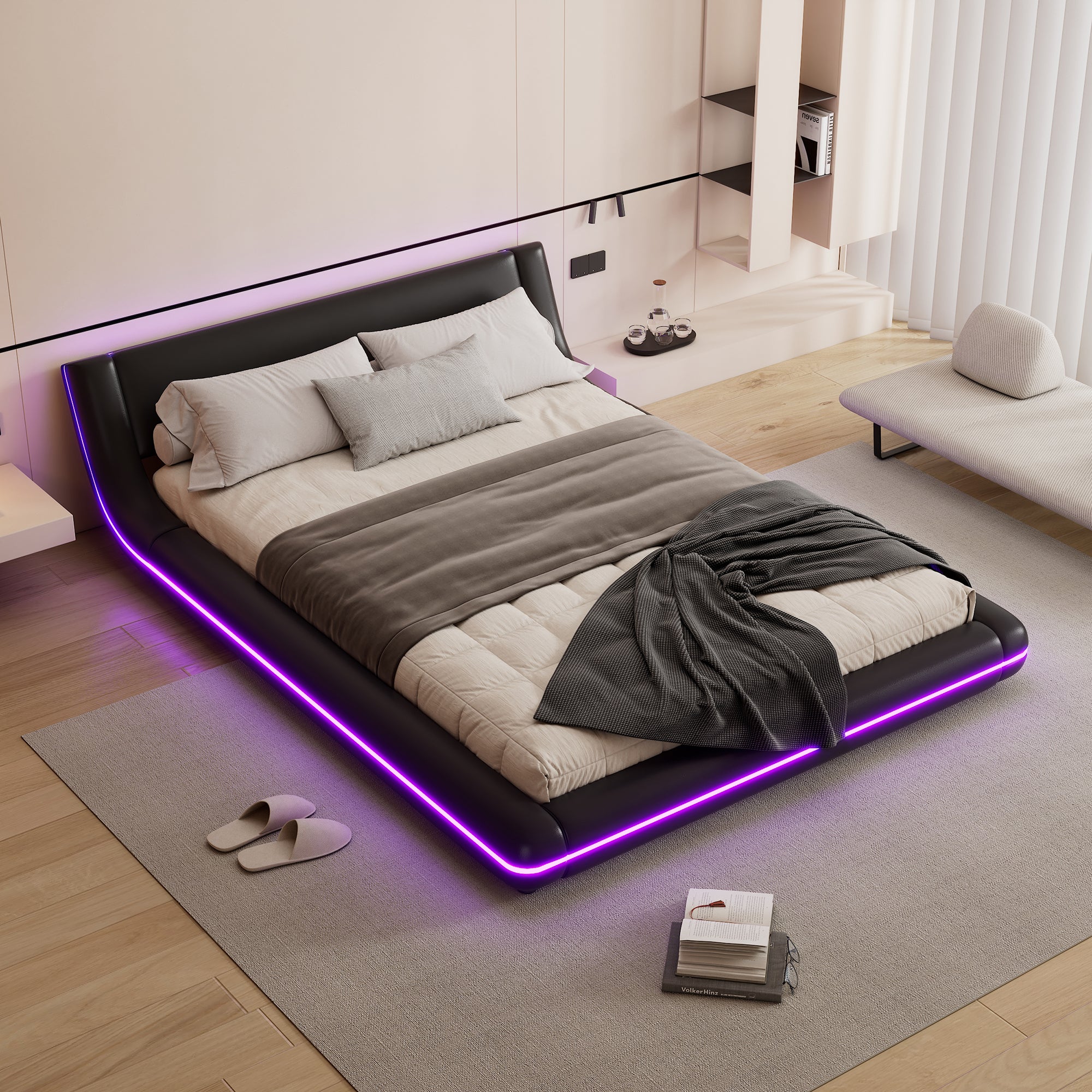 Floor Bed 140x200cm LED Ambient Light - PU Black - Image 3