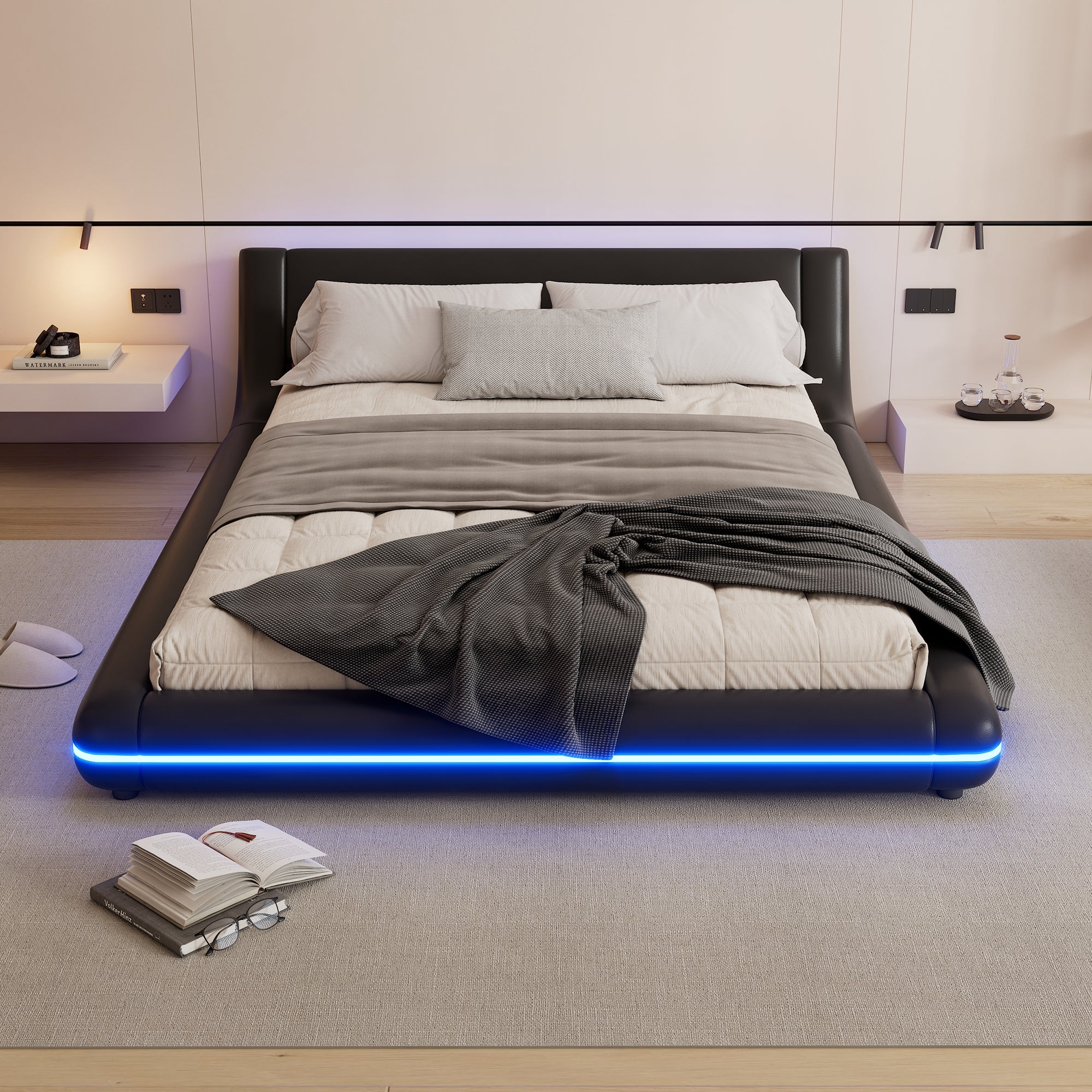Floor Bed 140x200cm LED Ambient Light - PU Black - Image 4