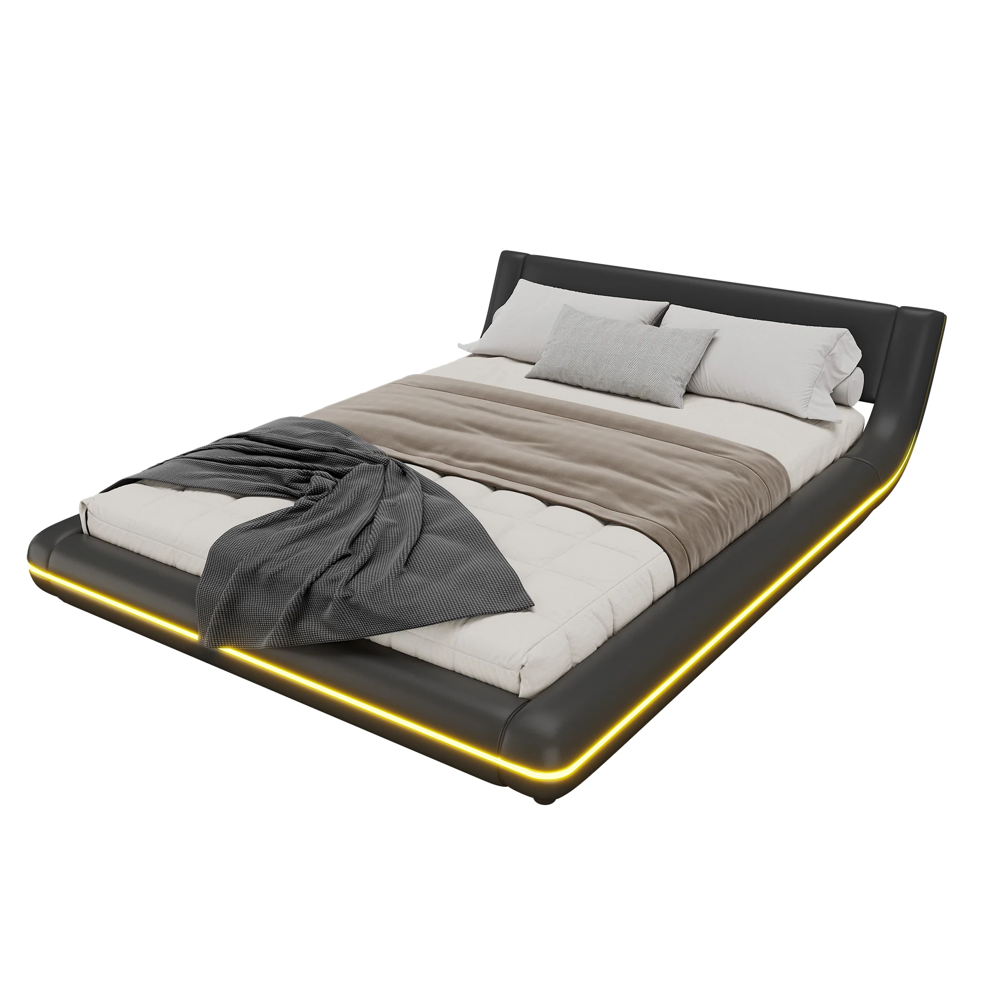 Floor Bed 140x200cm LED Ambient Light - PU Black - Image 6