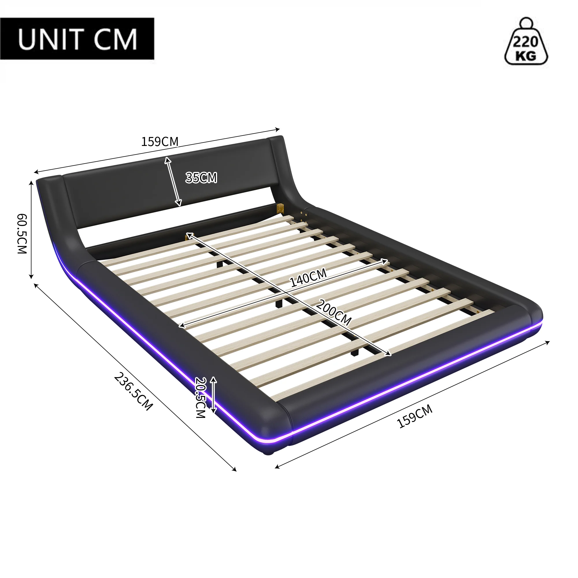 Floor Bed 140x200cm LED Ambient Light - PU Black - Image 7