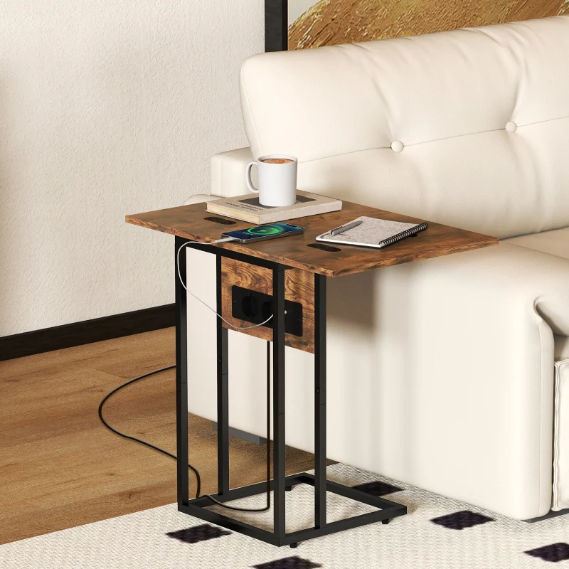 Foldable Side Table USB Charging Station 39x29x57cm - Brown Metal - Image 2
