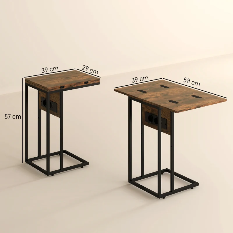 Foldable Side Table USB Charging Station 39x29x57cm - Brown Metal - Image 3