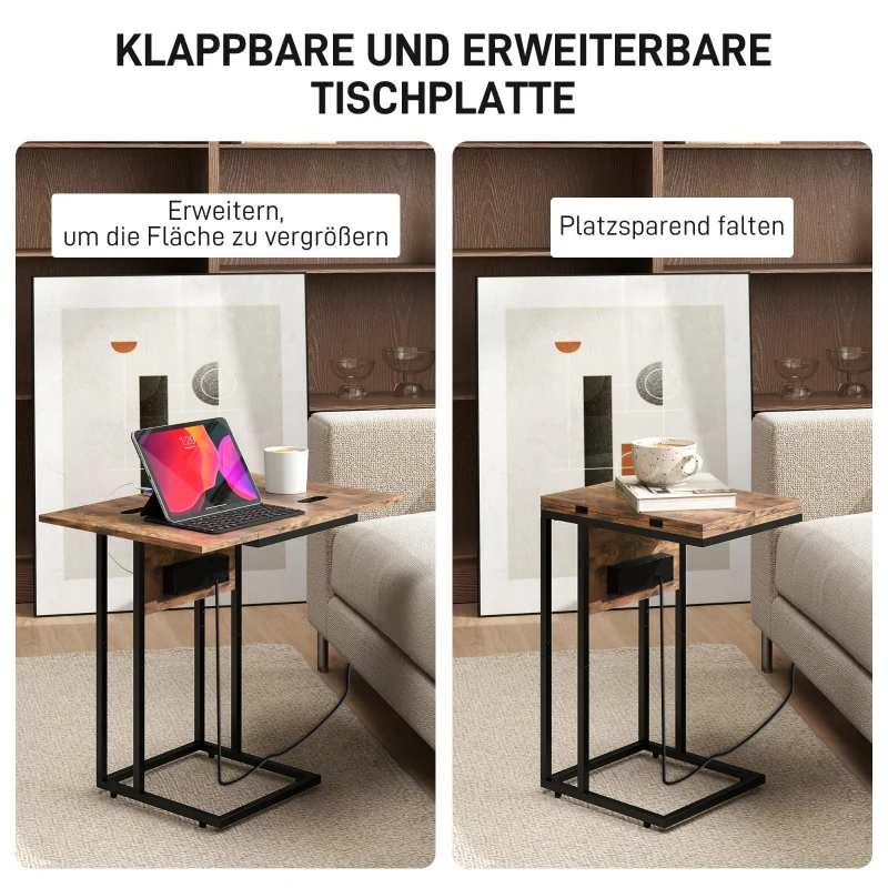 Foldable Side Table USB Charging Station 39x29x57cm - Brown Metal - Image 4
