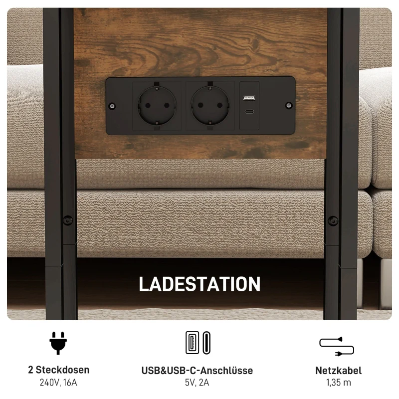 Foldable Side Table USB Charging Station 39x29x57cm - Brown Metal - Image 5