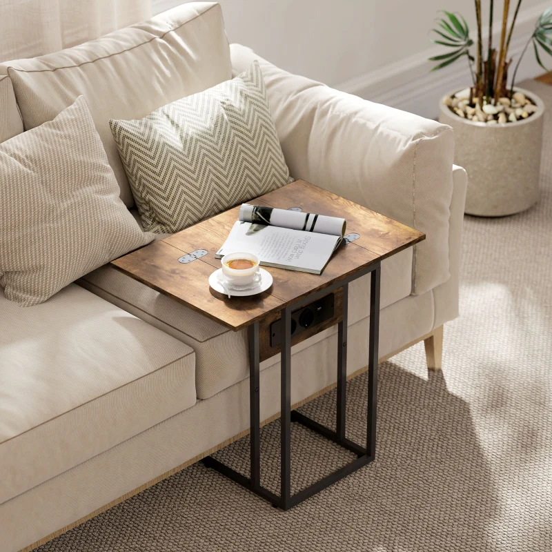 Foldable Side Table USB Charging Station 39x29x57cm - Brown Metal - Image 7