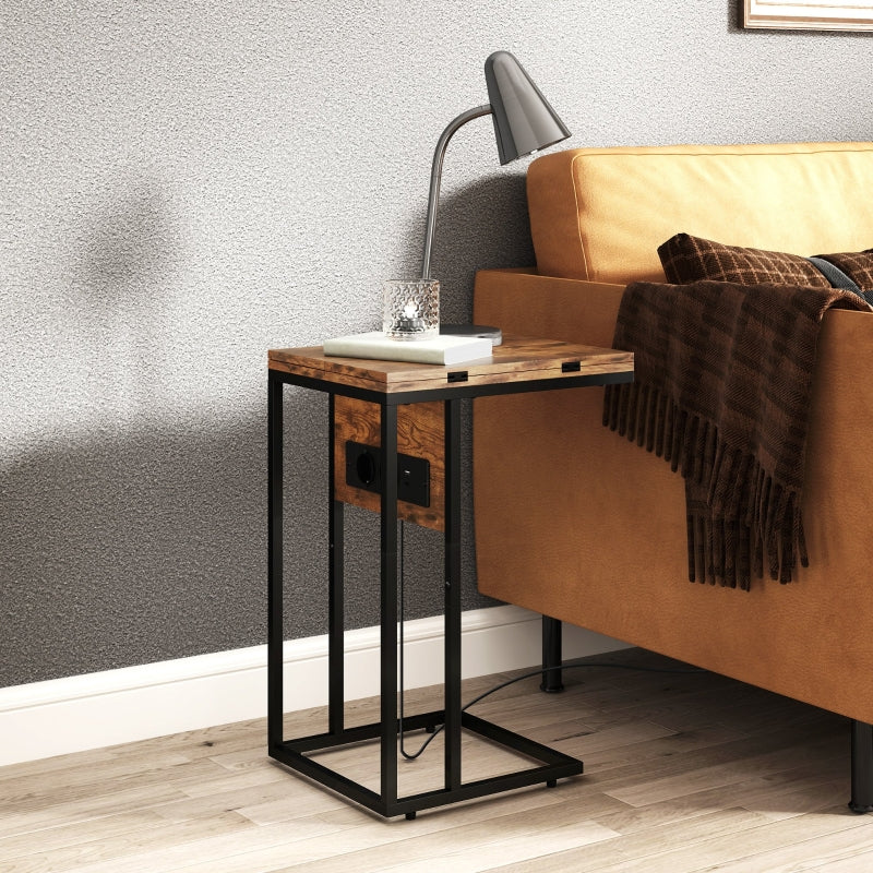 Foldable Side Table USB Charging Station 39x29x57cm - Brown Metal - Image 8