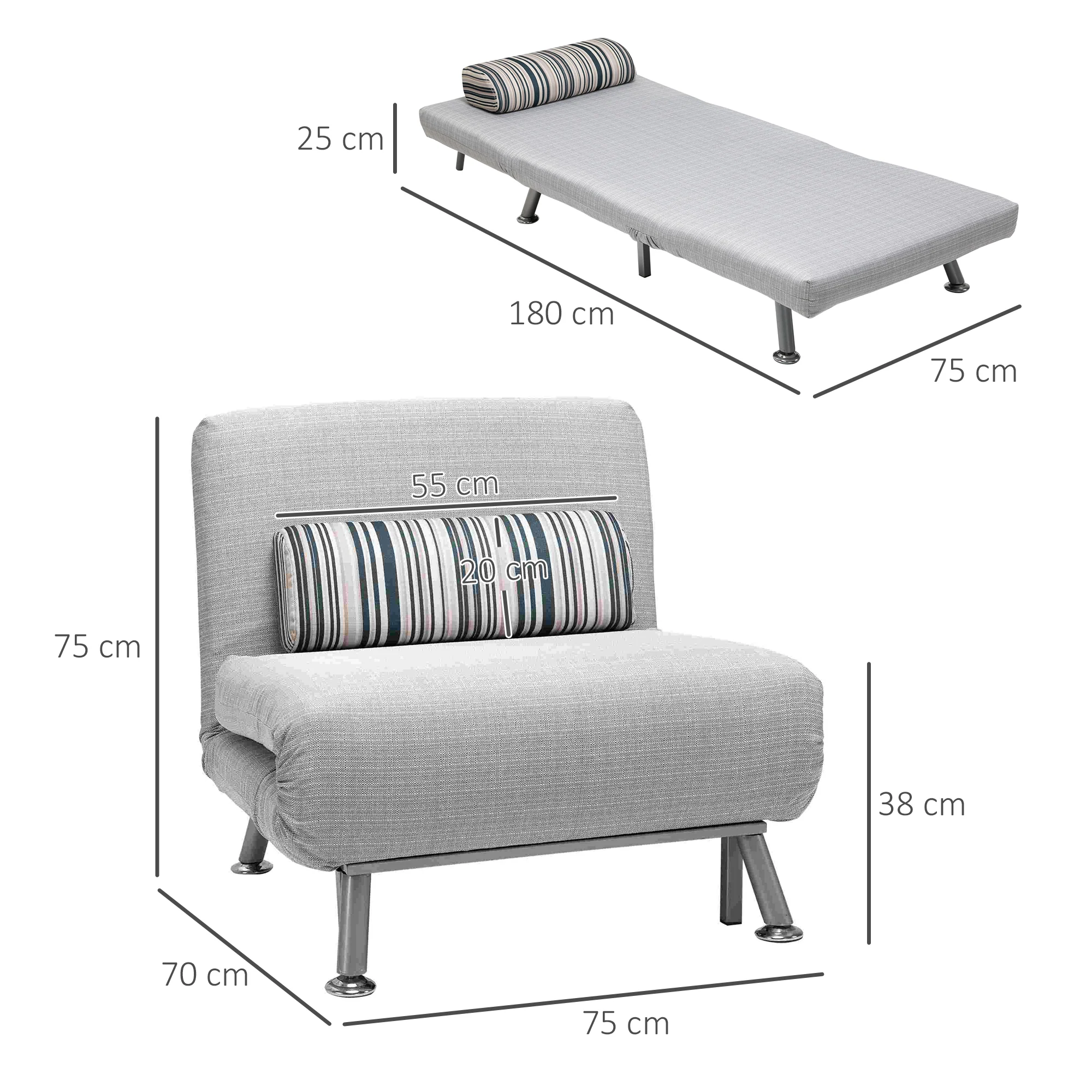 Folding Bed Sleeper Chair Guest Bed Sofa, Folding Mattress Metal, Grey 75x70x75cm - Image 3