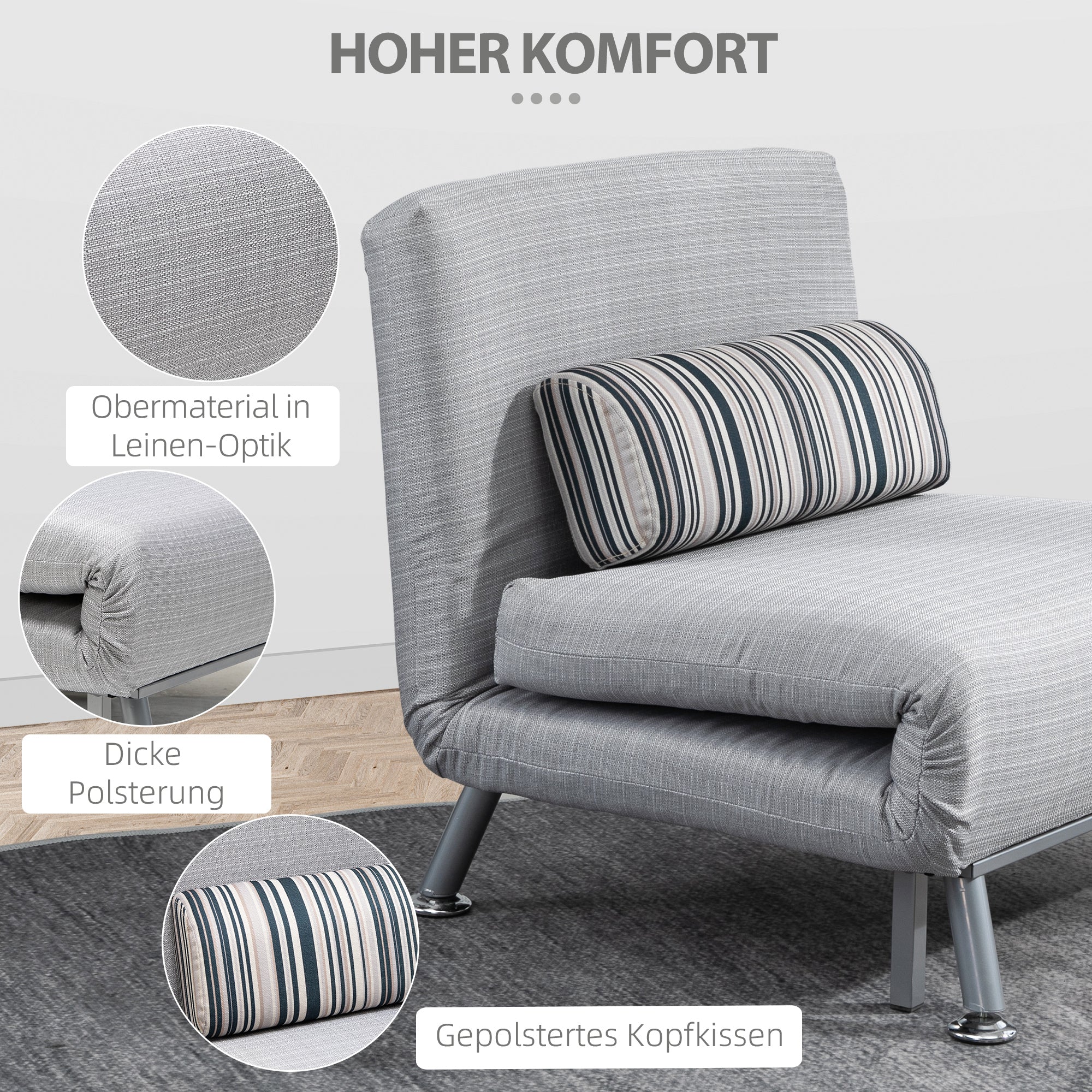 Folding Bed Sleeper Chair Guest Bed Sofa, Folding Mattress Metal, Grey 75x70x75cm - Image 5