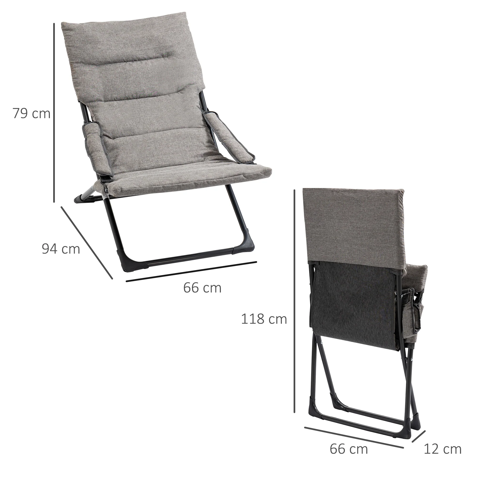 Folding Chair Lounger Removable Cushion Flexible Garden/Camping Steel Grey - Image 3