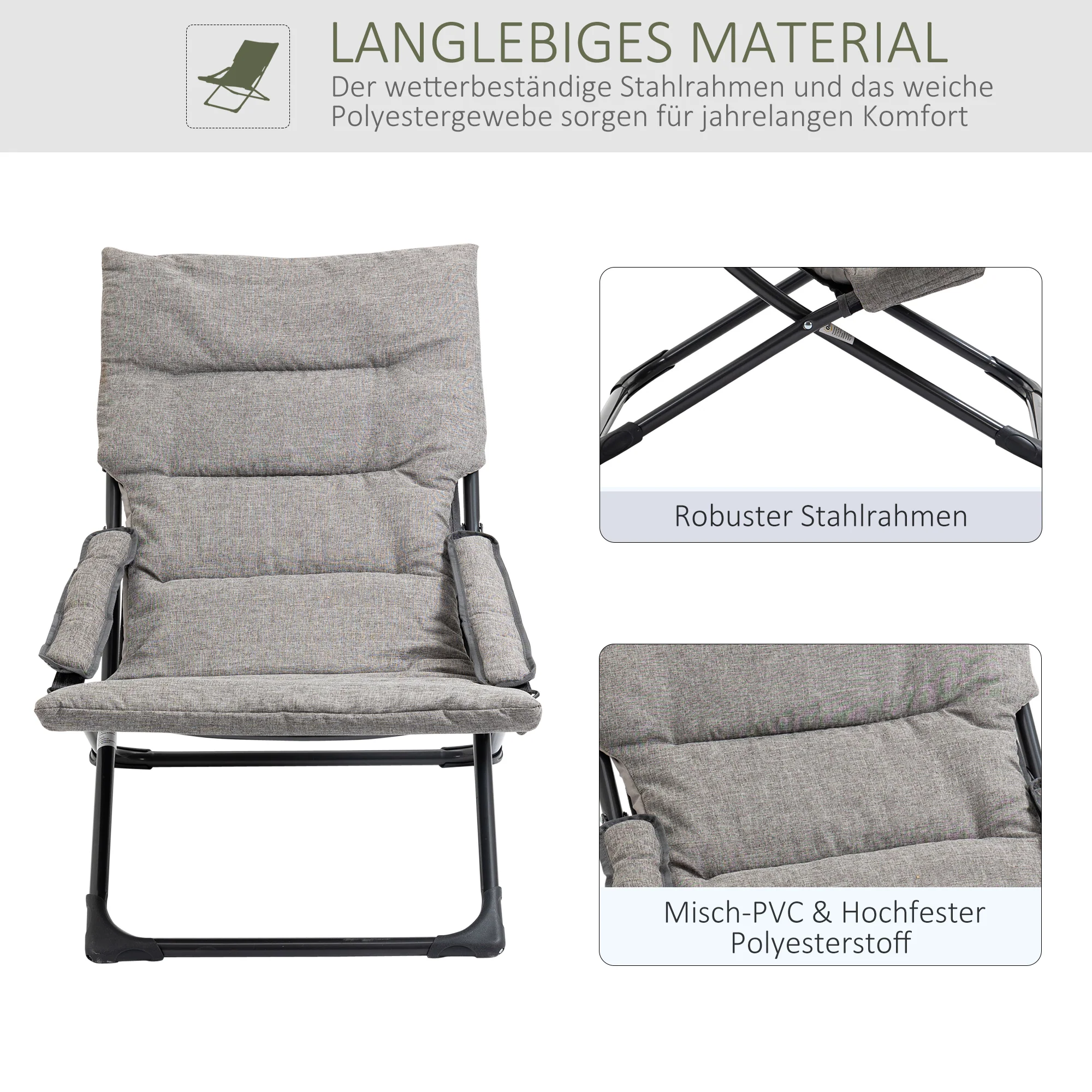 Folding Chair Lounger Removable Cushion Flexible Garden/Camping Steel Grey - Image 5