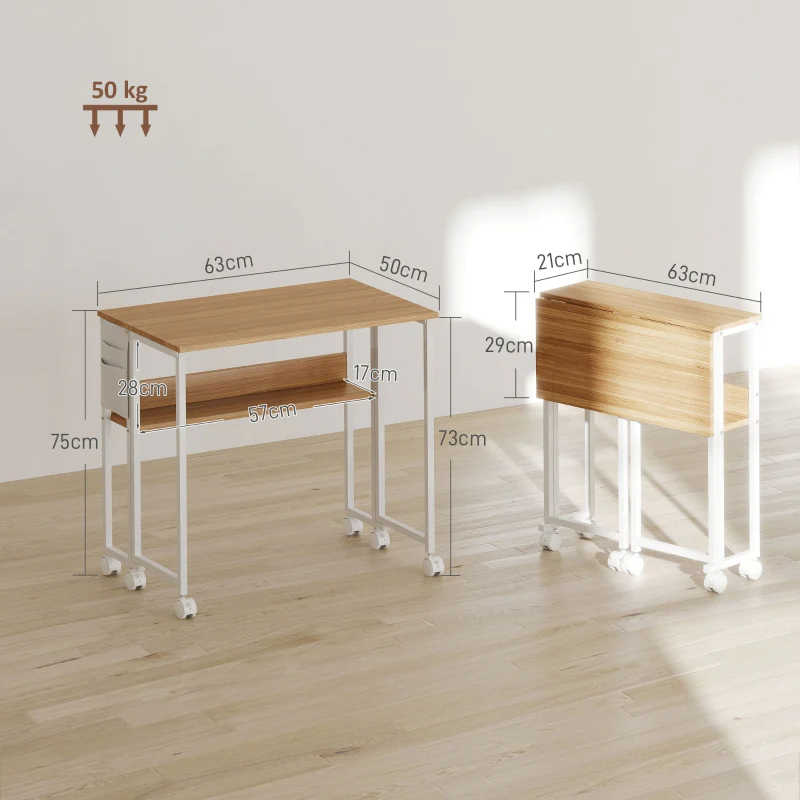 Folding Desk small 63 cm with wheels, shelf, storage bag, natural - Image 3
