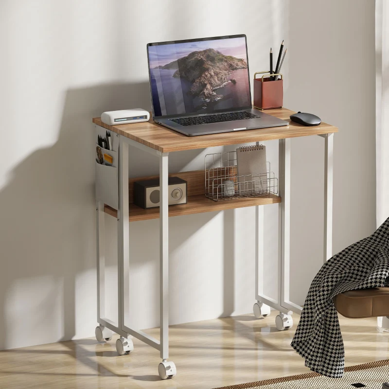 Folding Desk small 63 cm with wheels, shelf, storage bag, natural - Image 7