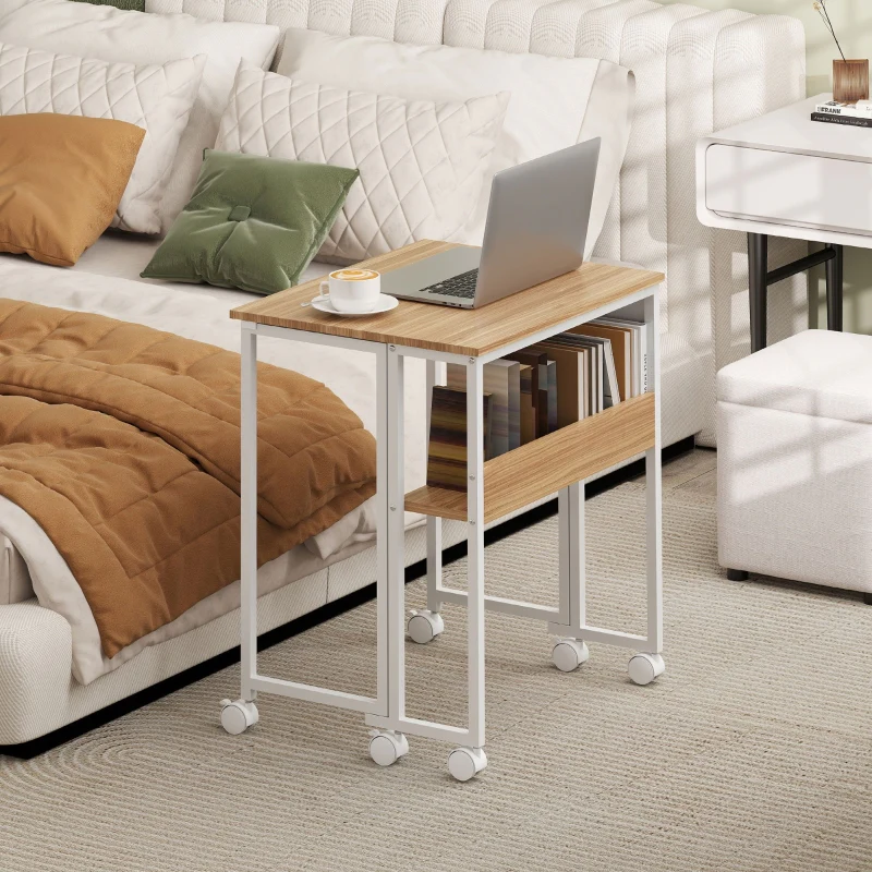 Folding Desk small 63 cm with wheels, shelf, storage bag, natural - Image 8