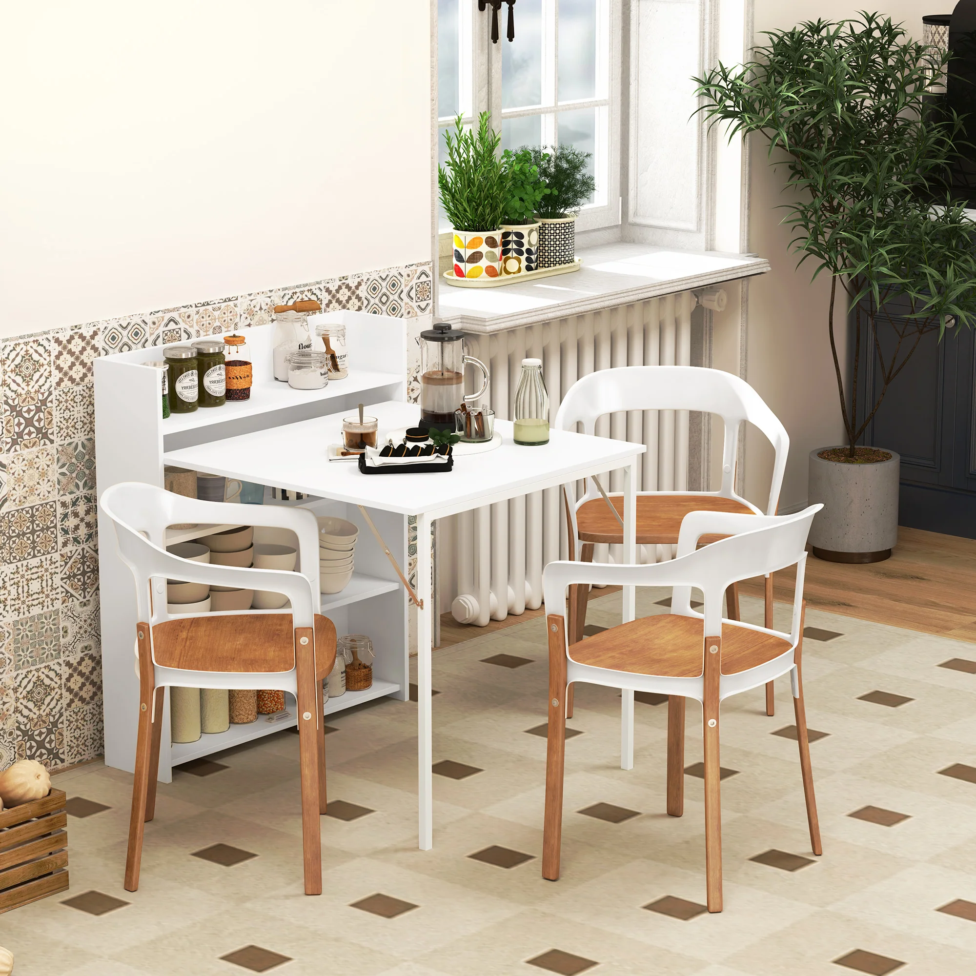 Folding Dining Table Space-Saving 4 Shelves Anti-Tip - White