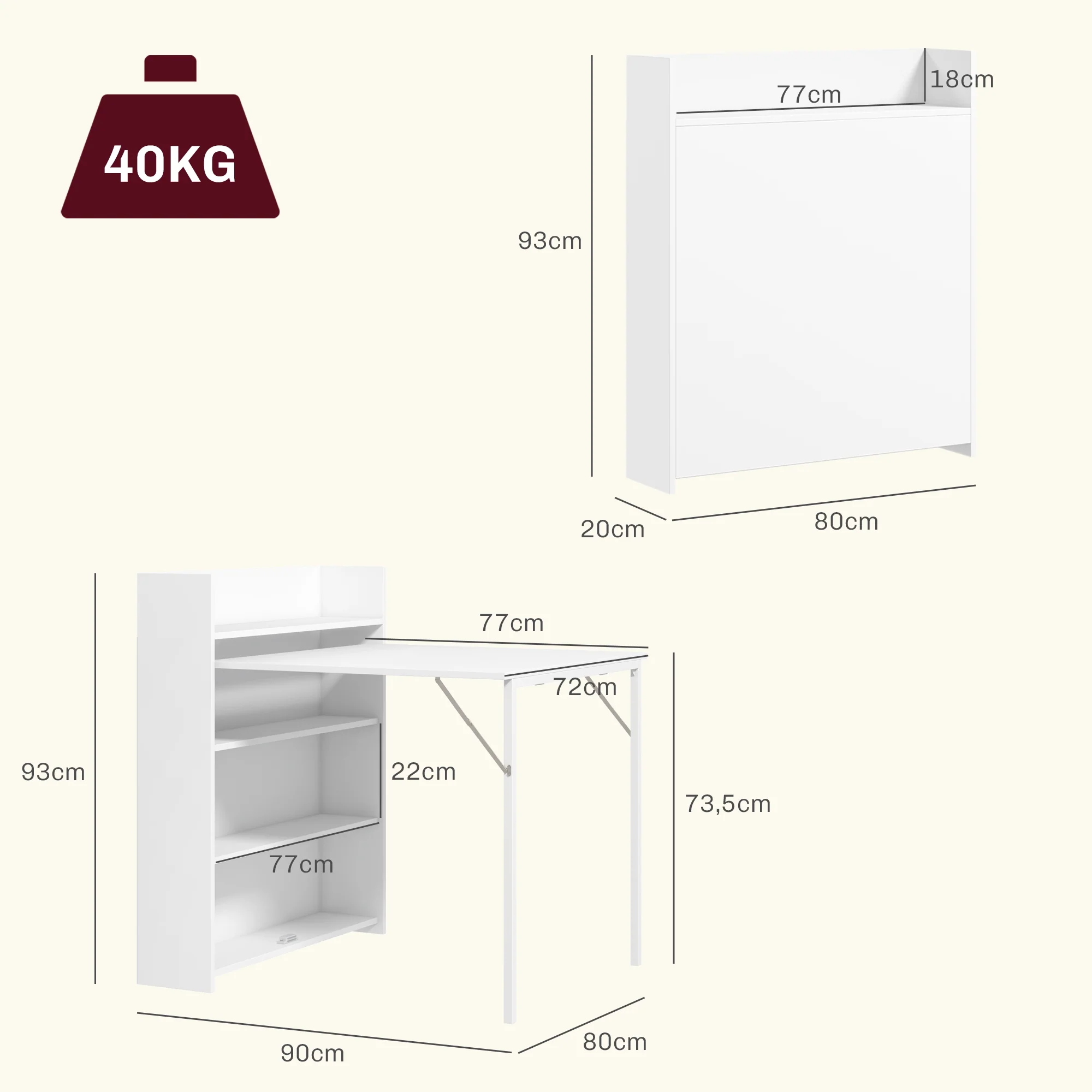 Folding Dining Table Space-Saving 4 Shelves Anti-Tip - White - Image 3