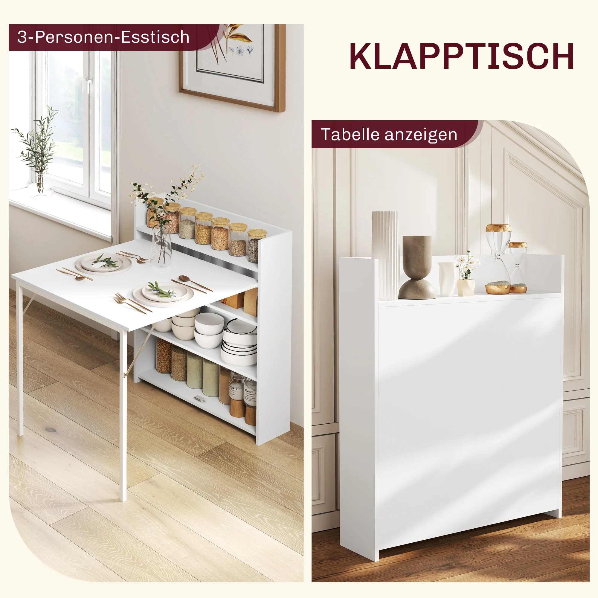 Folding Dining Table Space-Saving 4 Shelves Anti-Tip - White - Image 4