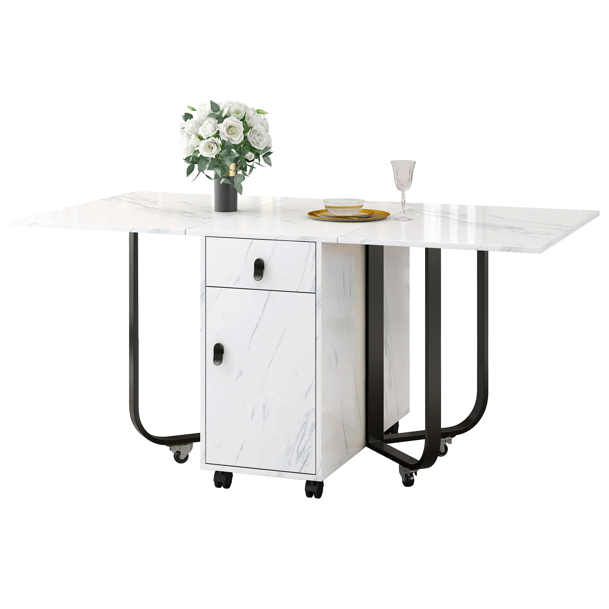 Folding Dining Table, Space-Saving with Cabinet and 2 Drawers, White/Black - Image 3