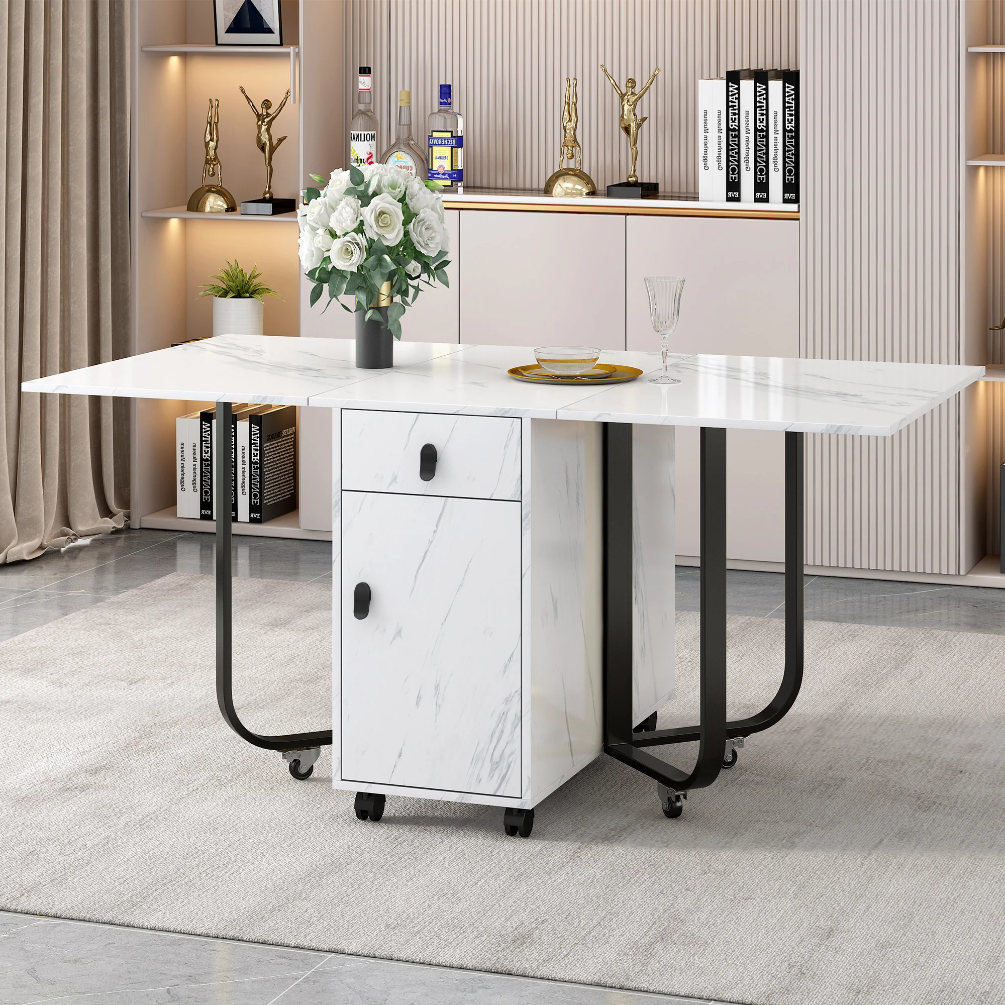 Folding Dining Table, Space-Saving with Cabinet and 2 Drawers, White/Black - Image 6