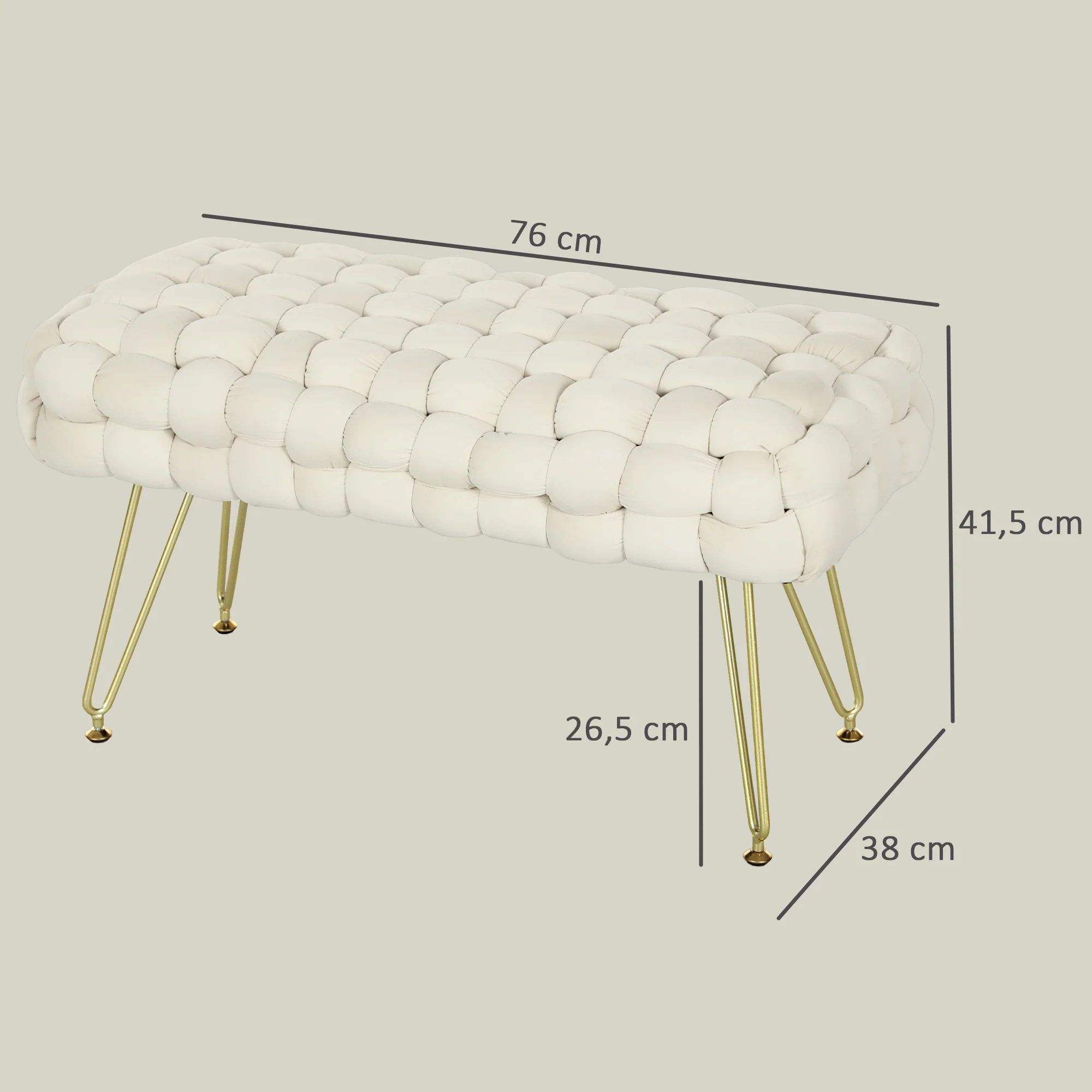 Footstool with Padded Seat, Metal Legs, Cream White Velvet - Image 3