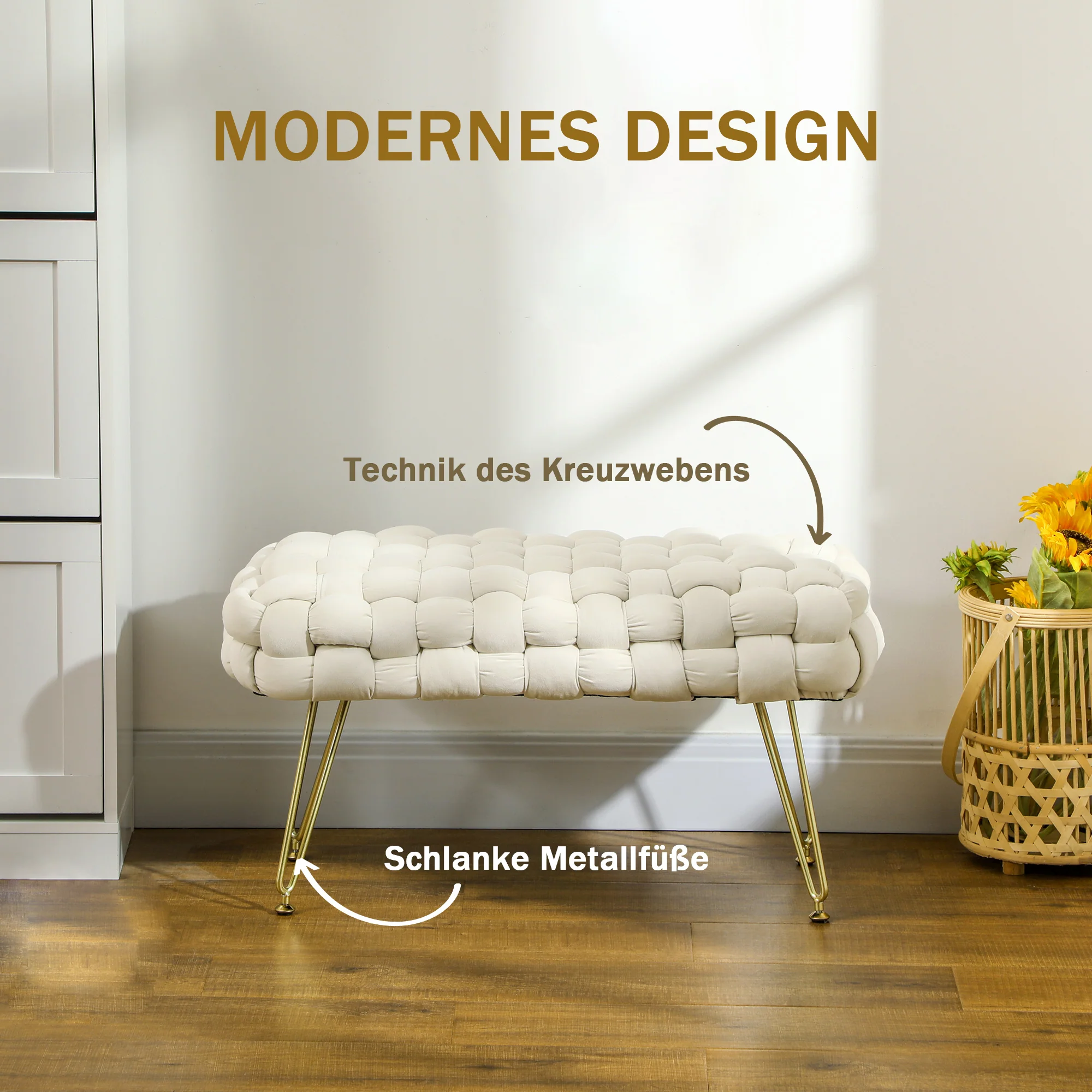 Footstool with Padded Seat, Metal Legs, Cream White Velvet - Image 4