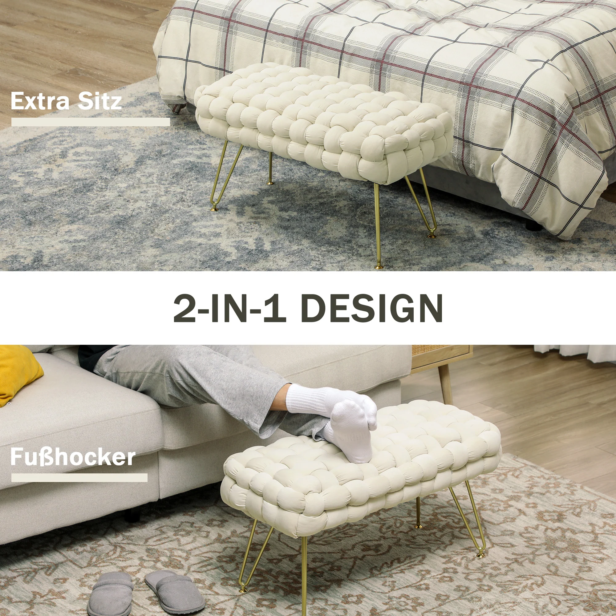Footstool with Padded Seat, Metal Legs, Cream White Velvet - Image 5