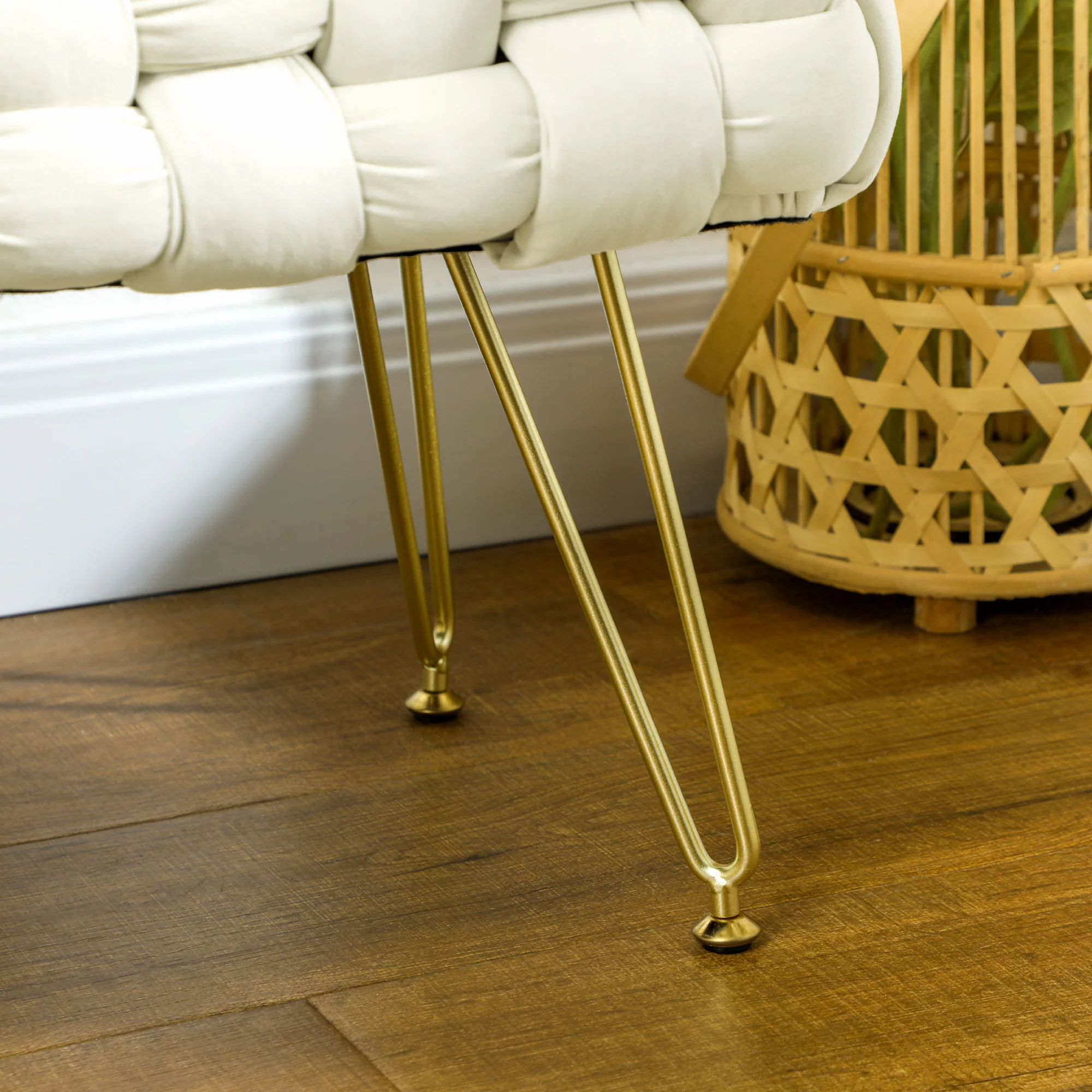 Footstool with Padded Seat, Metal Legs, Cream White Velvet - Image 8