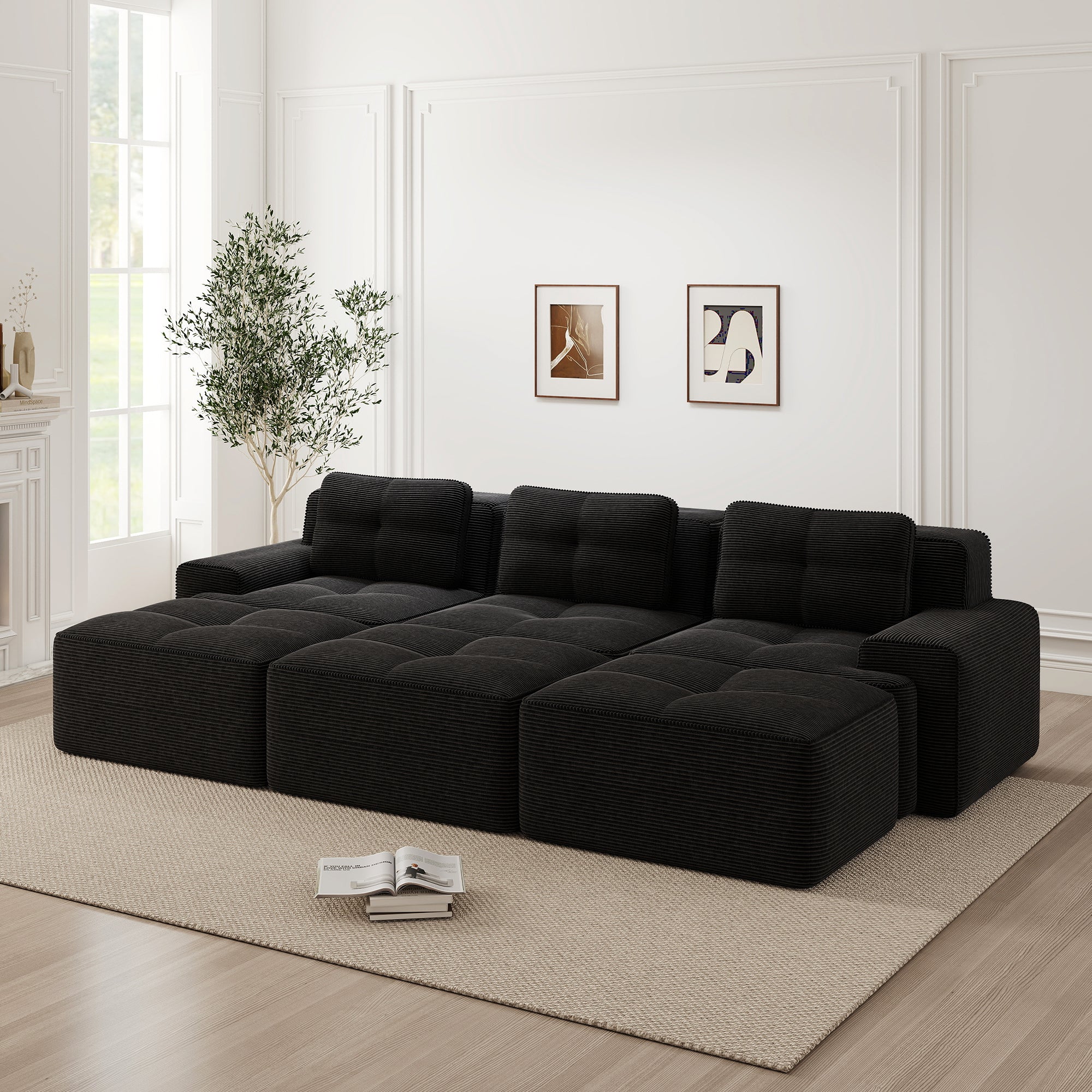 Frameless Modular Corner Sofa Sleeper 3 Ottomans - Corduroy Black