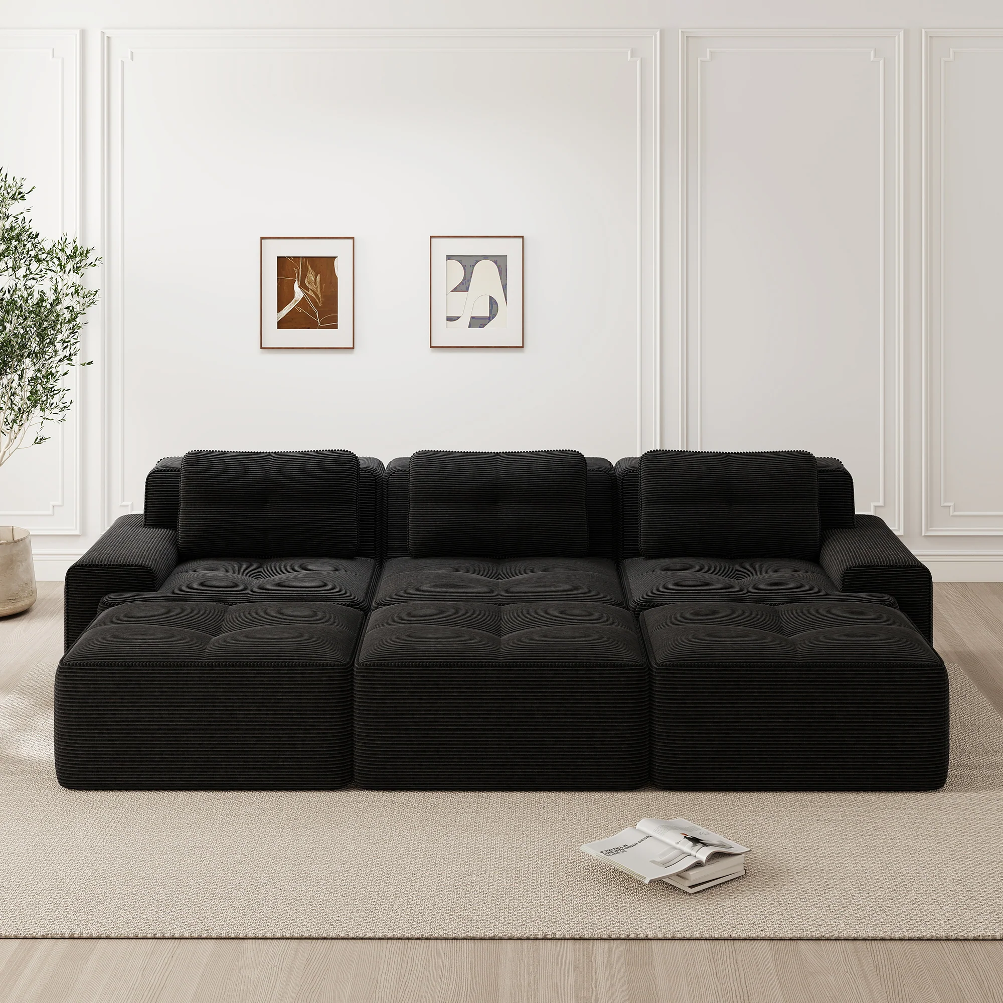 Frameless Modular Corner Sofa Sleeper 3 Ottomans - Corduroy Black - Image 2