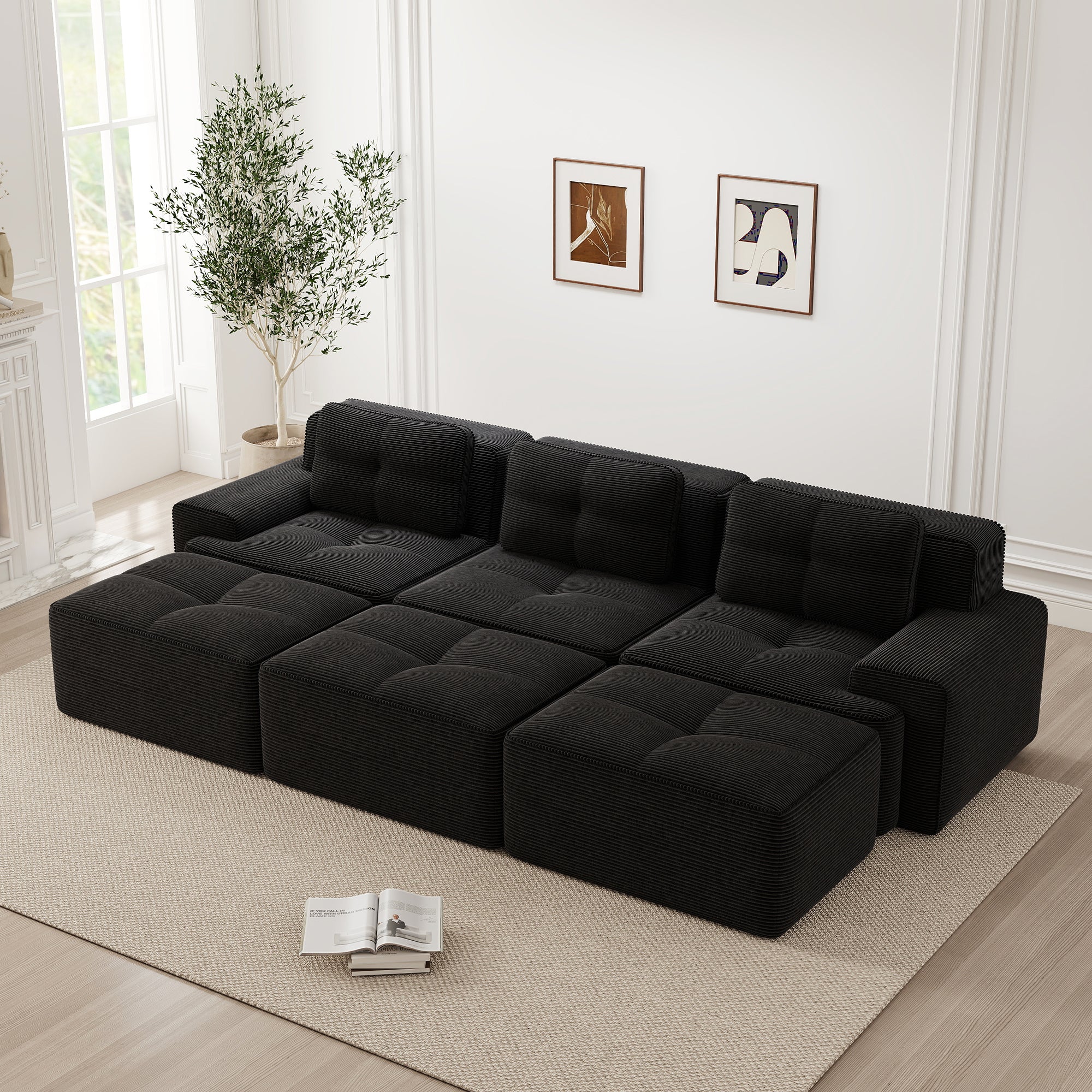 Frameless Modular Corner Sofa Sleeper 3 Ottomans - Corduroy Black - Image 3