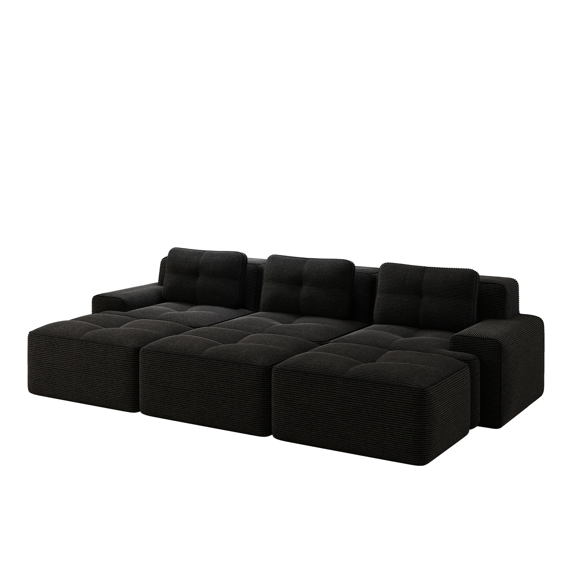 Frameless Modular Corner Sofa Sleeper 3 Ottomans - Corduroy Black - Image 4
