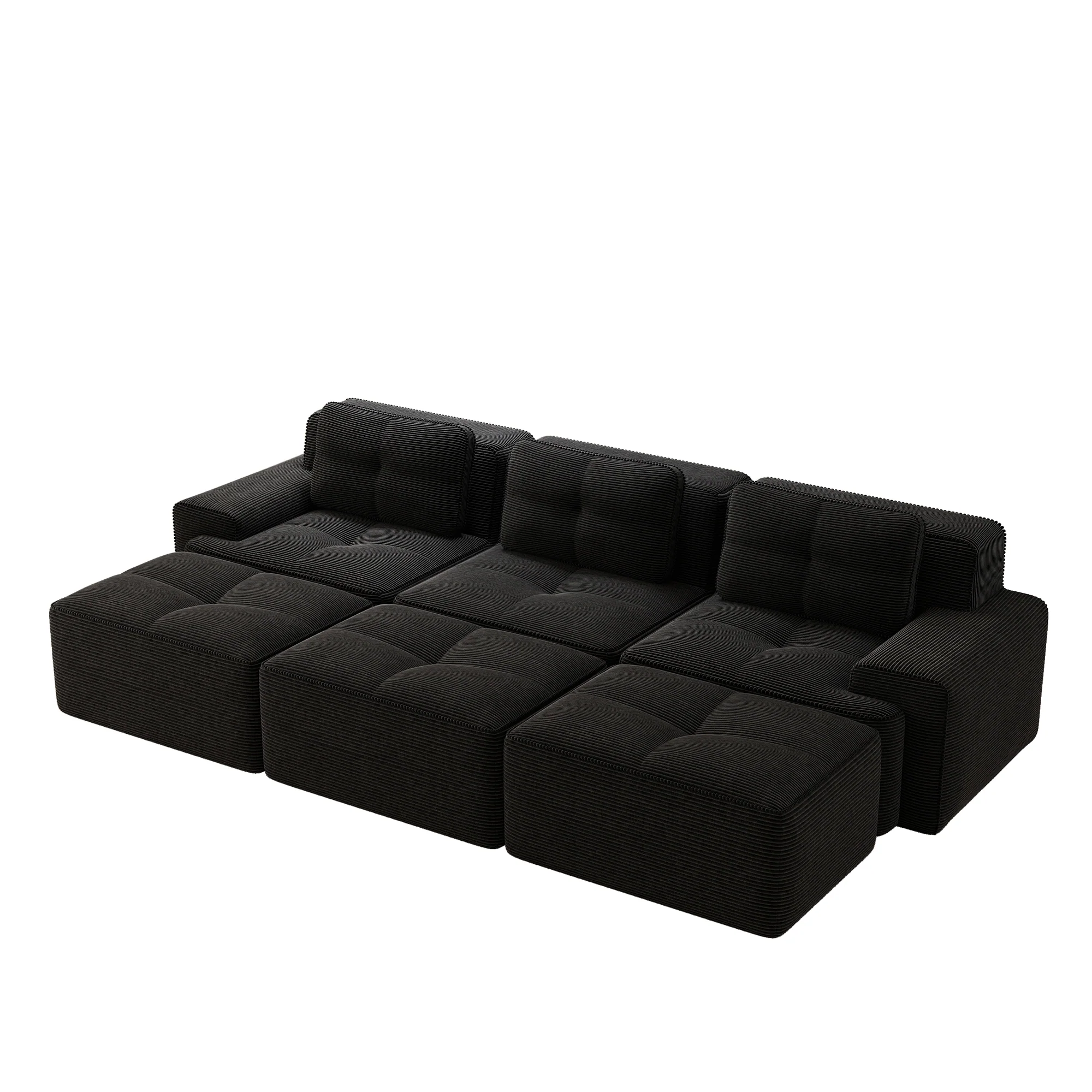 Frameless Modular Corner Sofa Sleeper 3 Ottomans - Corduroy Black - Image 5