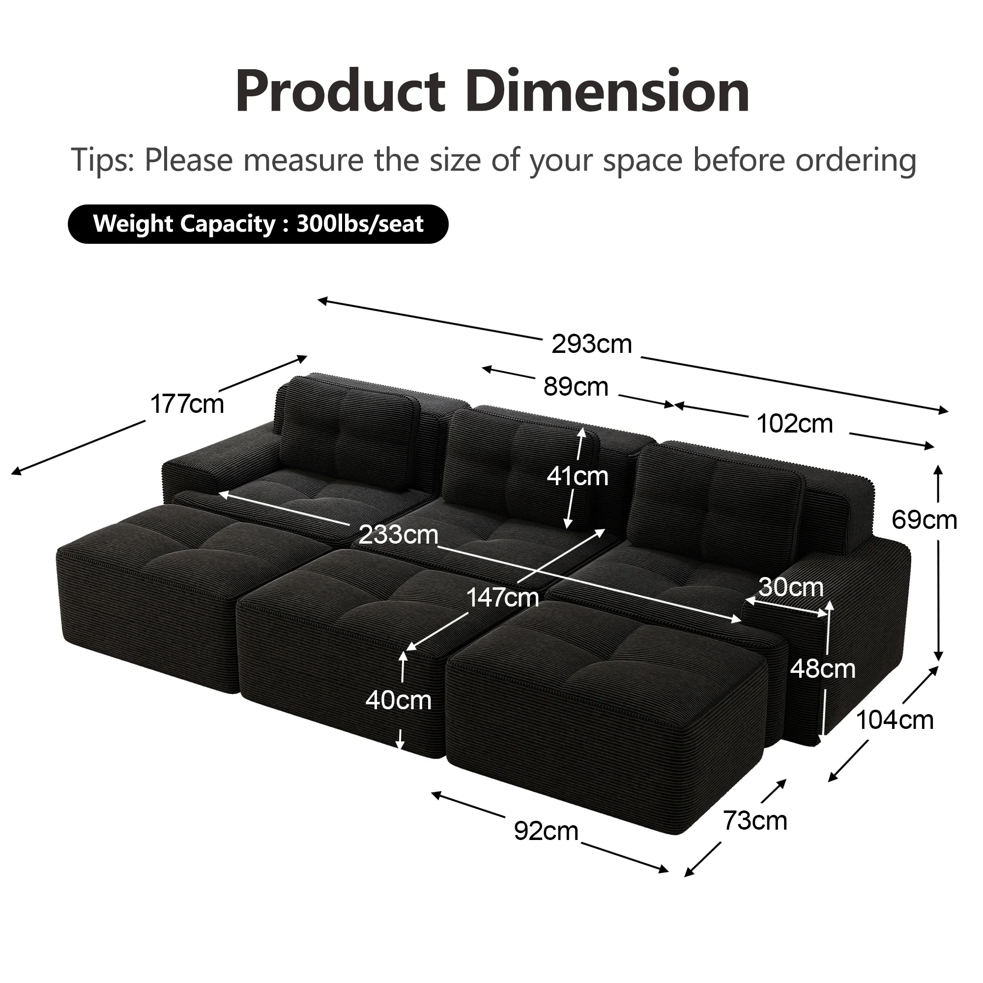 Frameless Modular Corner Sofa Sleeper 3 Ottomans - Corduroy Black - Image 7