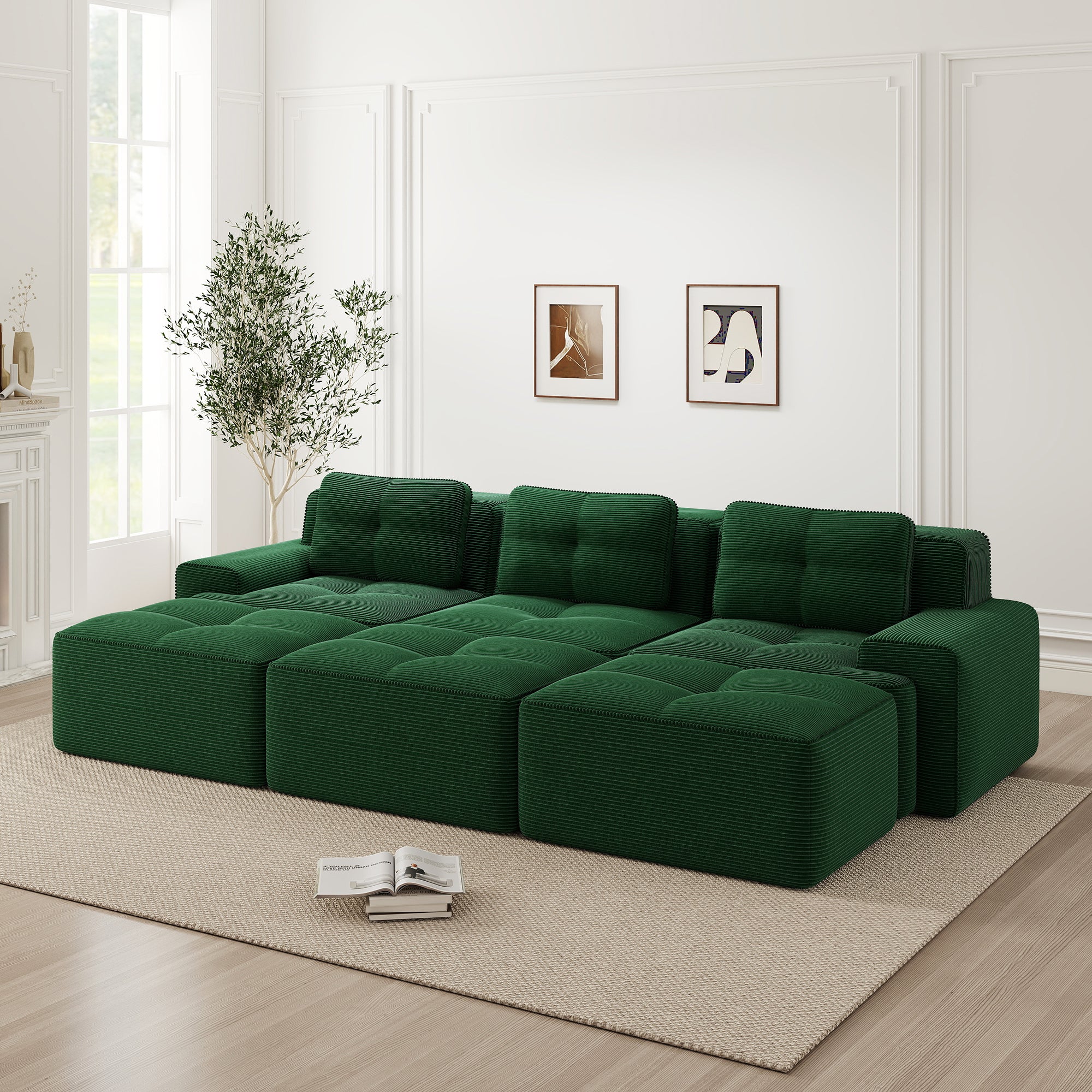 Frameless Modular Corner Sofa Sleeper with 3 Ottomans - Green Corduroy