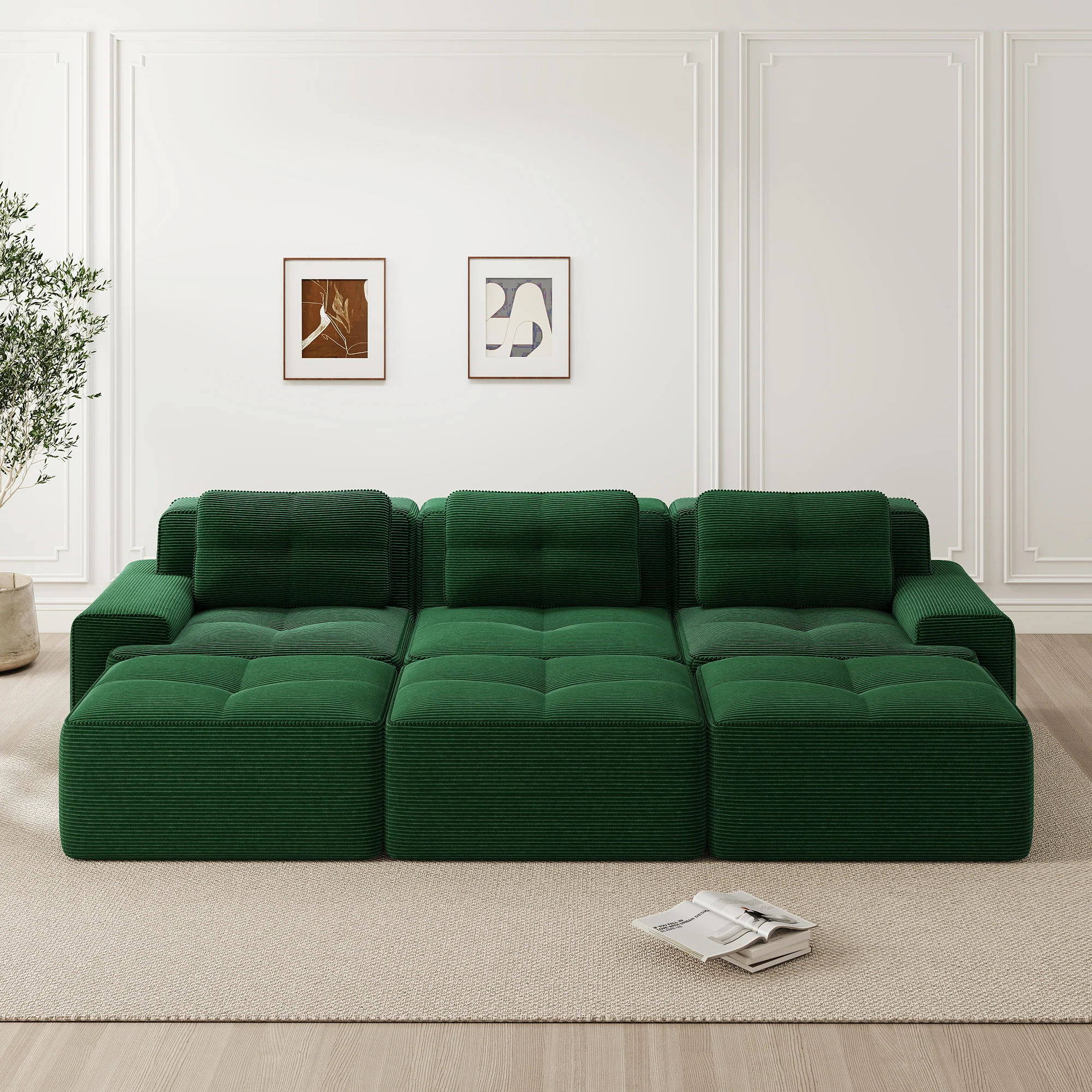 Frameless Modular Corner Sofa Sleeper with 3 Ottomans - Green Corduroy - Image 2