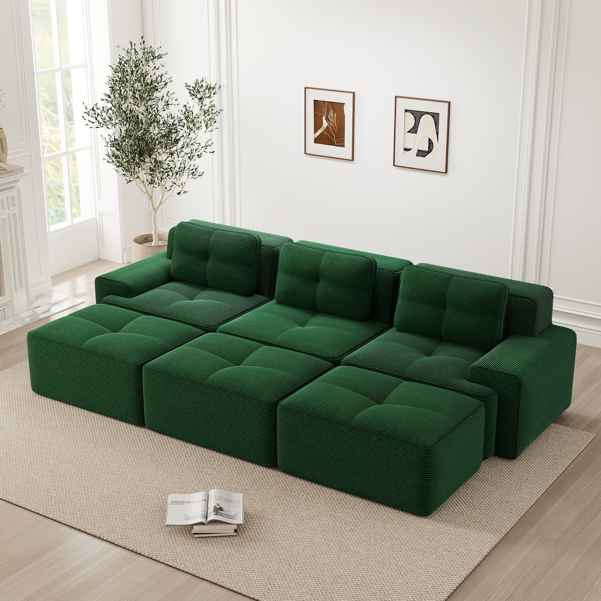 Frameless Modular Corner Sofa Sleeper with 3 Ottomans - Green Corduroy - Image 3