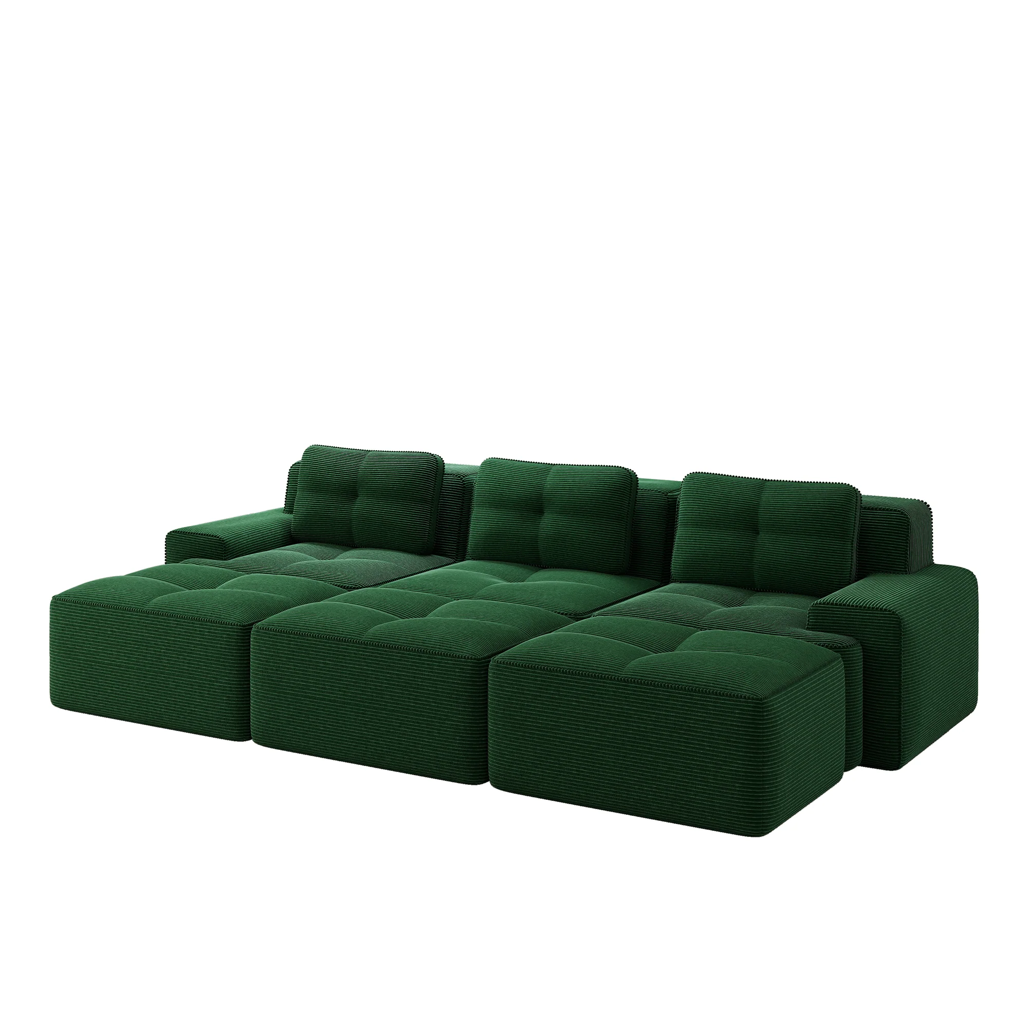 Frameless Modular Corner Sofa Sleeper with 3 Ottomans - Green Corduroy - Image 4