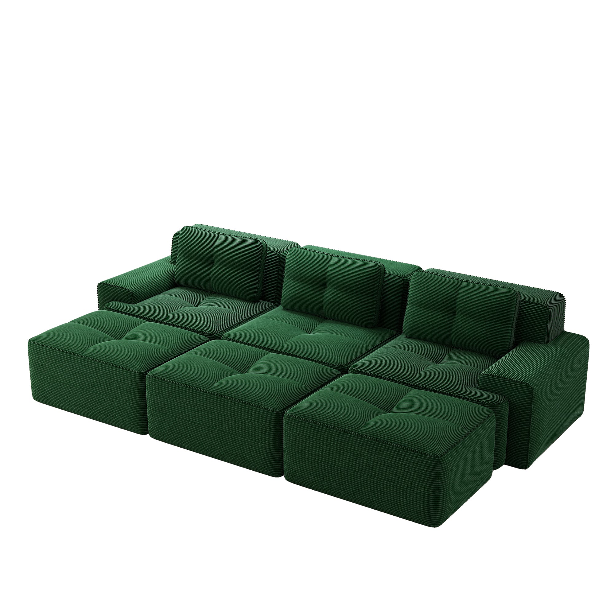 Frameless Modular Corner Sofa Sleeper with 3 Ottomans - Green Corduroy - Image 5