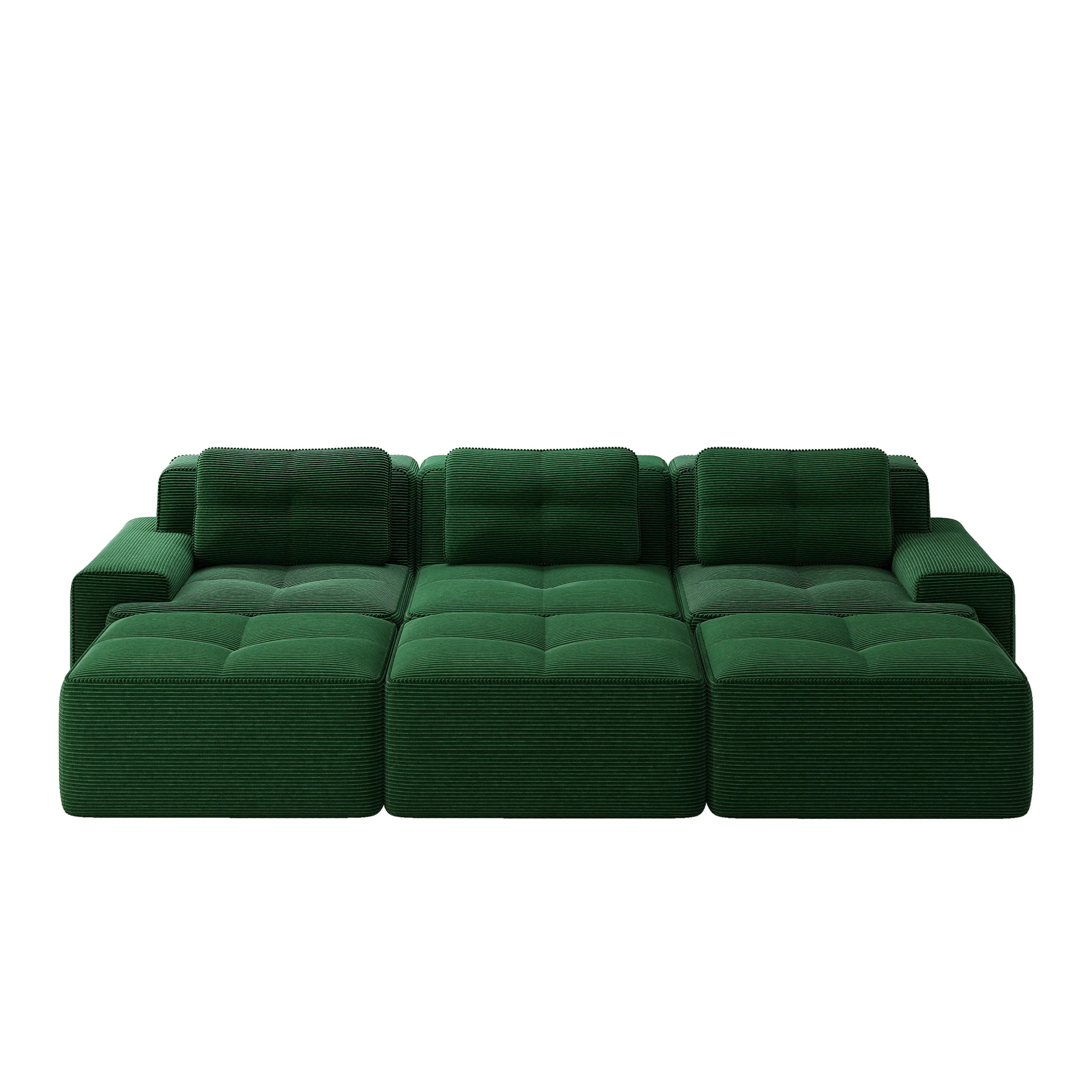 Frameless Modular Corner Sofa Sleeper with 3 Ottomans - Green Corduroy - Image 6