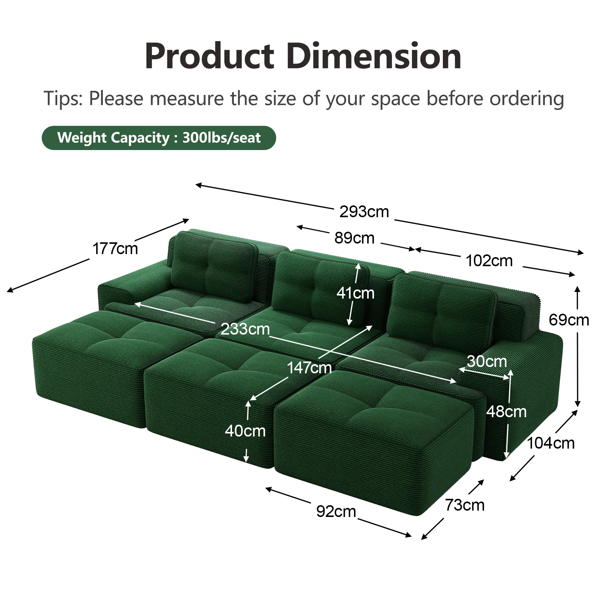 Frameless Modular Corner Sofa Sleeper with 3 Ottomans - Green Corduroy - Image 7