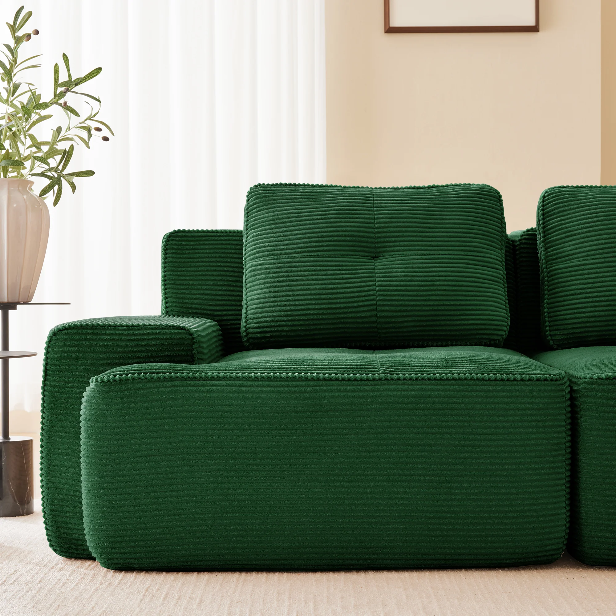 Frameless Modular Corner Sofa Sleeper with 3 Ottomans - Green Corduroy - Image 9