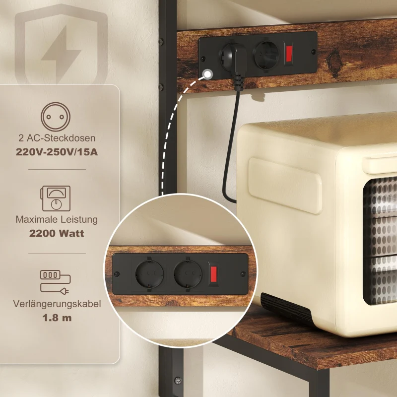 Freestanding Kitchen Shelf 5 Shelves 5 Hooks Power Outlet - Rustic Brown - Image 4