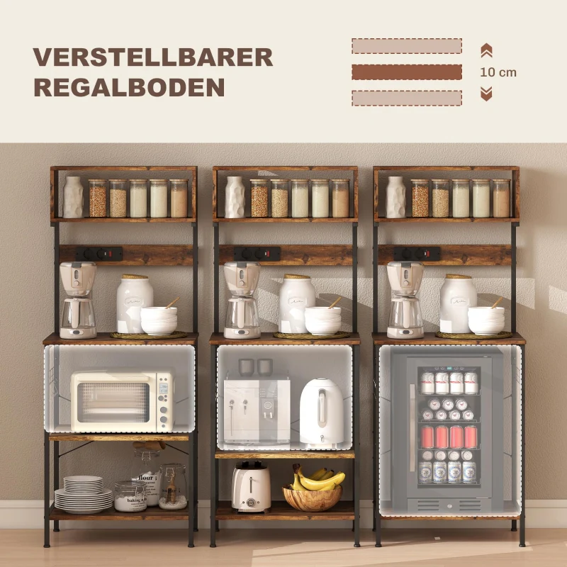Freestanding Kitchen Shelf 5 Shelves 5 Hooks Power Outlet - Rustic Brown - Image 5