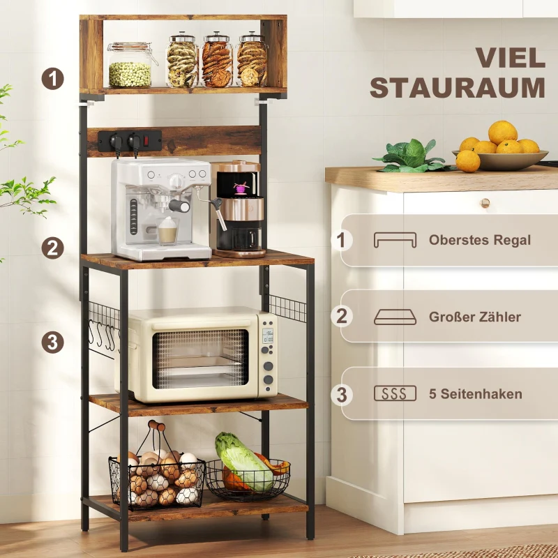 Freestanding Kitchen Shelf 5 Shelves 5 Hooks Power Outlet - Rustic Brown - Image 6