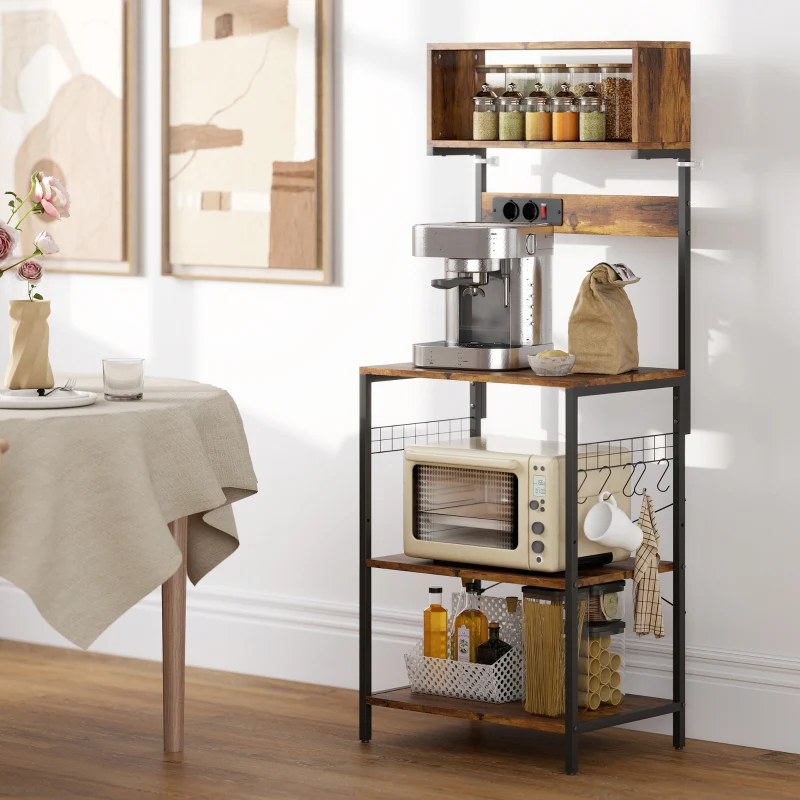 Freestanding Kitchen Shelf 5 Shelves 5 Hooks Power Outlet - Rustic Brown - Image 8