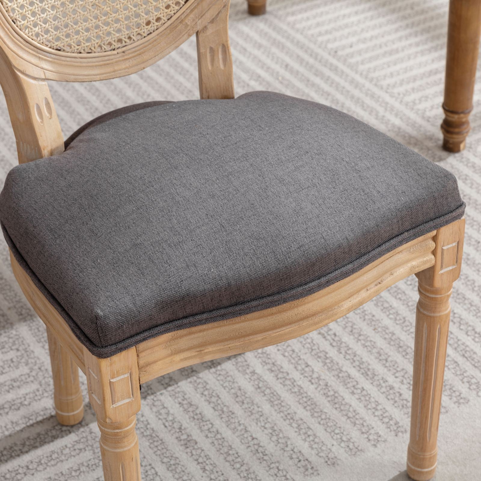 French Style Dining Chair Set of 2 Rattan Back Solid Wood - Gray Linen - Image 10