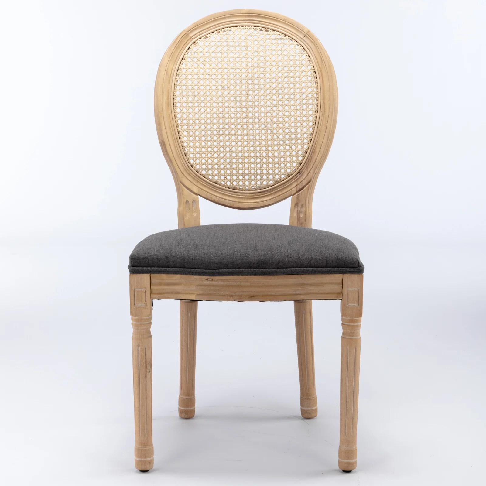 French Style Dining Chair Set of 2 Rattan Back Solid Wood - Gray Linen - Image 2