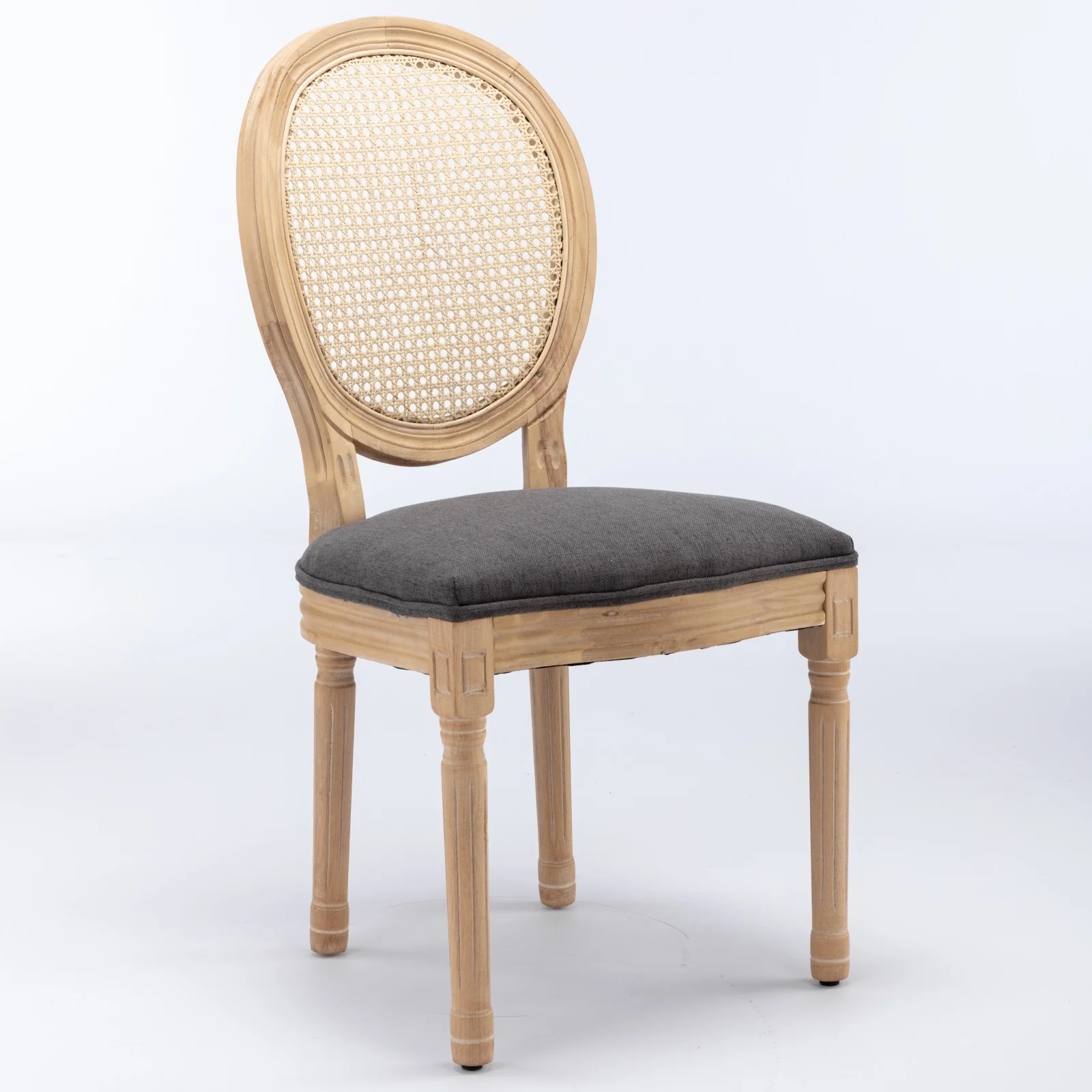 French Style Dining Chair Set of 2 Rattan Back Solid Wood - Gray Linen - Image 3
